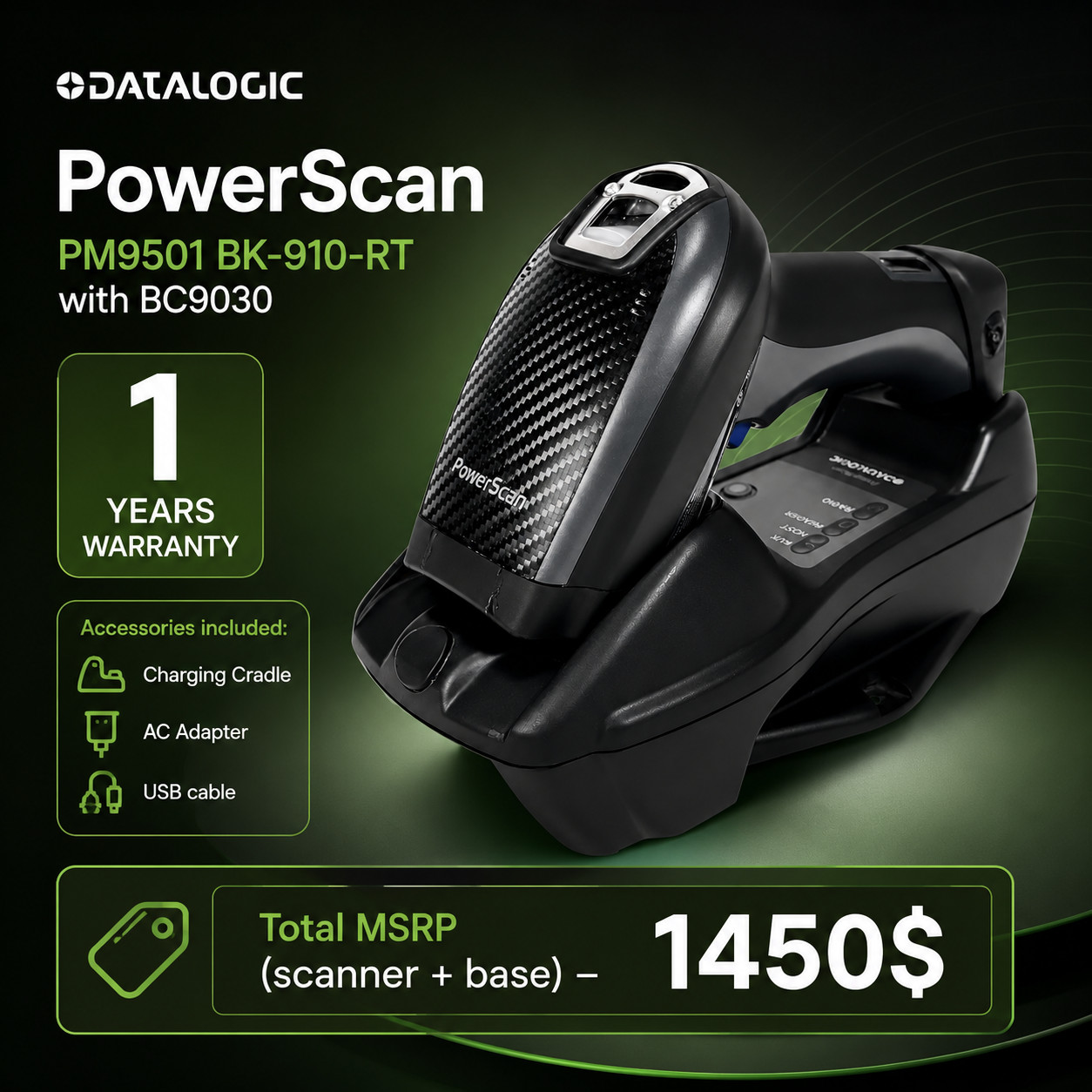 💚RESTORED💚Datalogic POWERSCAN PM9501 BK-910-RT Barcode Scanner w/Bundle