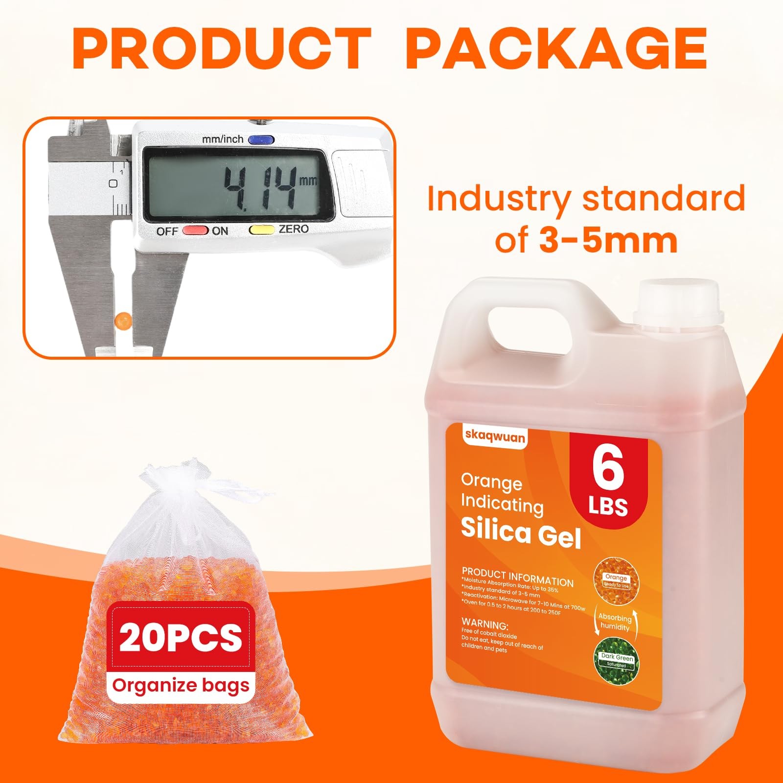 6 LBS Orange Indicating Silica Gel Desiccant Beads, Premium 6LBS, orange