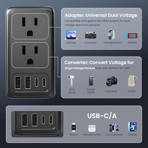 2000W Voltage Converter US to Europe with 2 USB A & 2 USB C, Travel Adapter
