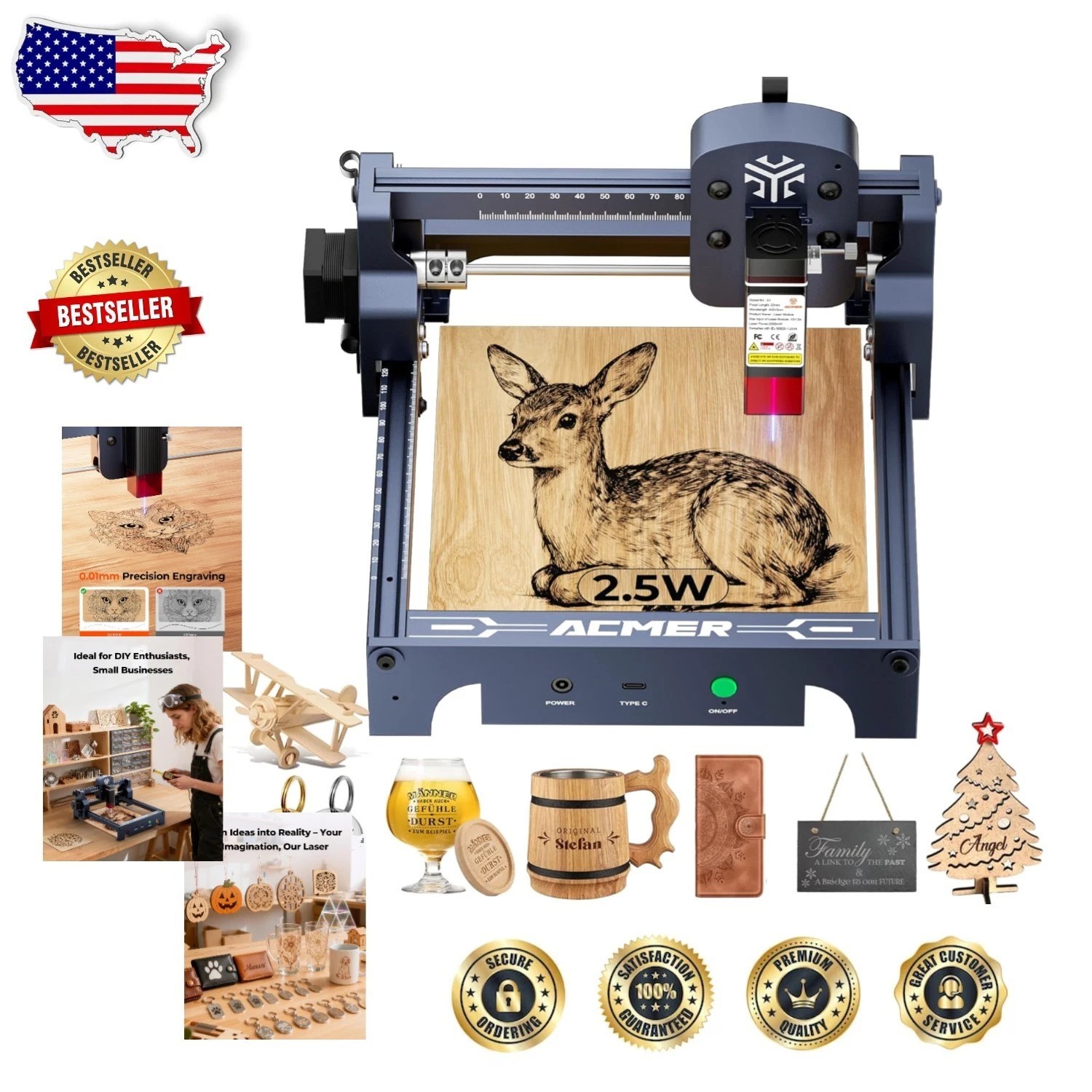 High Accuracy 2500mW Laser Engraver Cutter 0.04mm Spot Metal Black 130x130mm