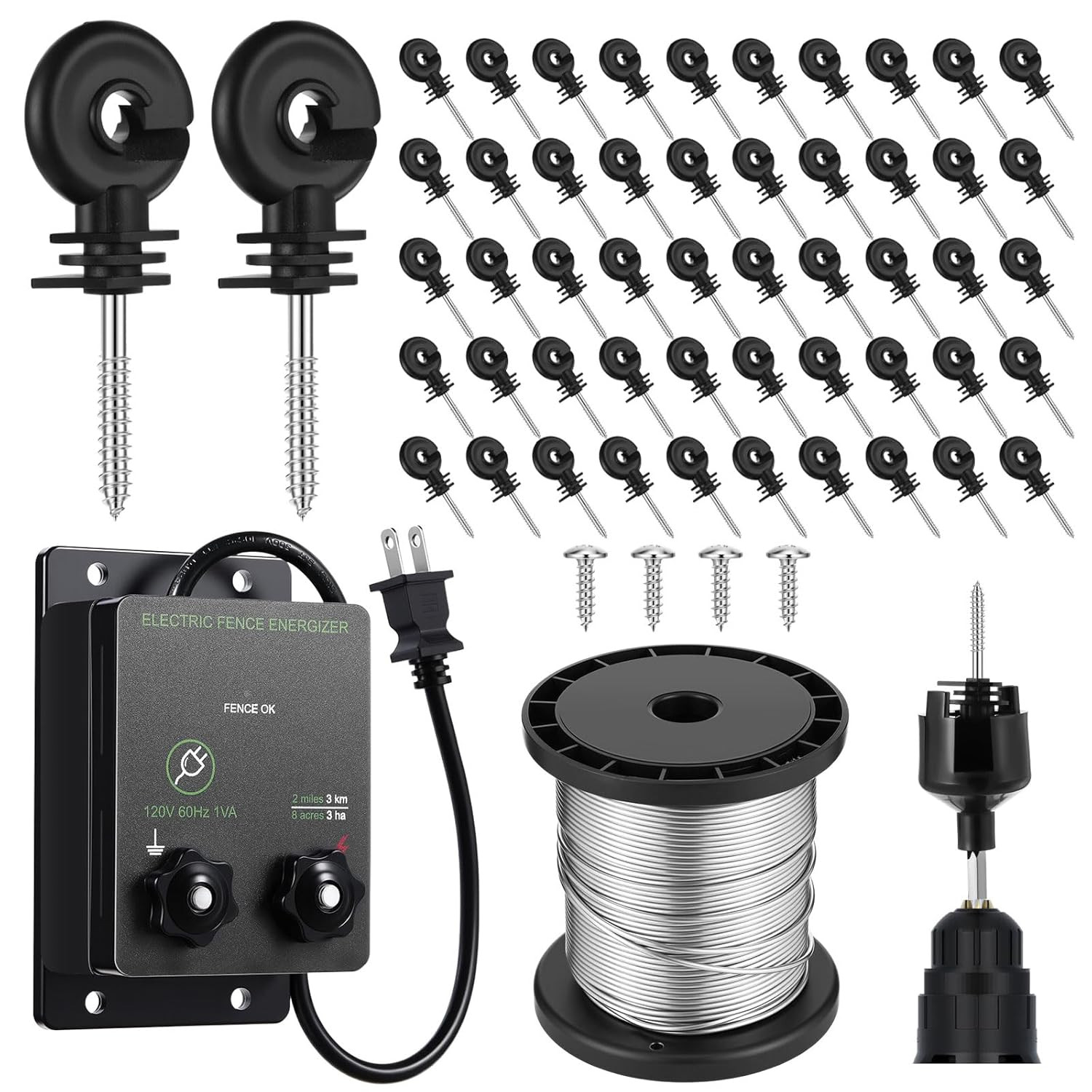 2-Mile 5000V 0.1Joule Electric Fence for Preventing Animals Intruding, 50 Black