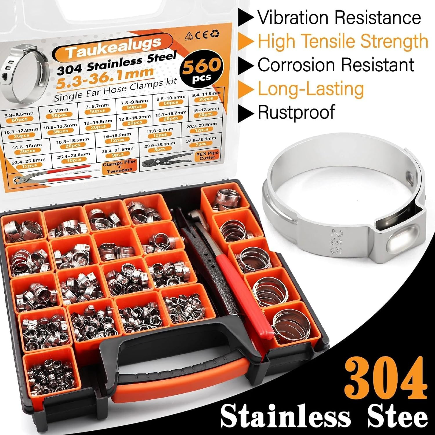 560Pcs Single Ear Hose Clamps Assortment Kit,Stepless 22 Size(5.3-36.1Mm) 304 St