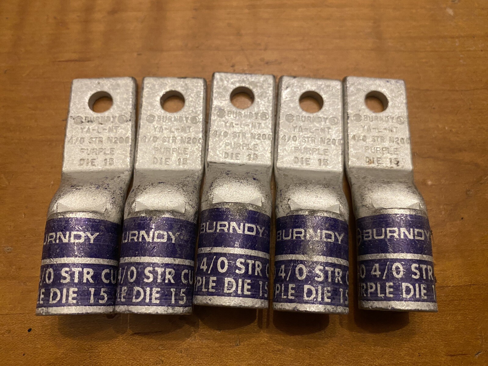 (Qnty. 5) Burndy YALNT 4/0 AWG Purple Die 15 One-Hole Lug Copper Compression