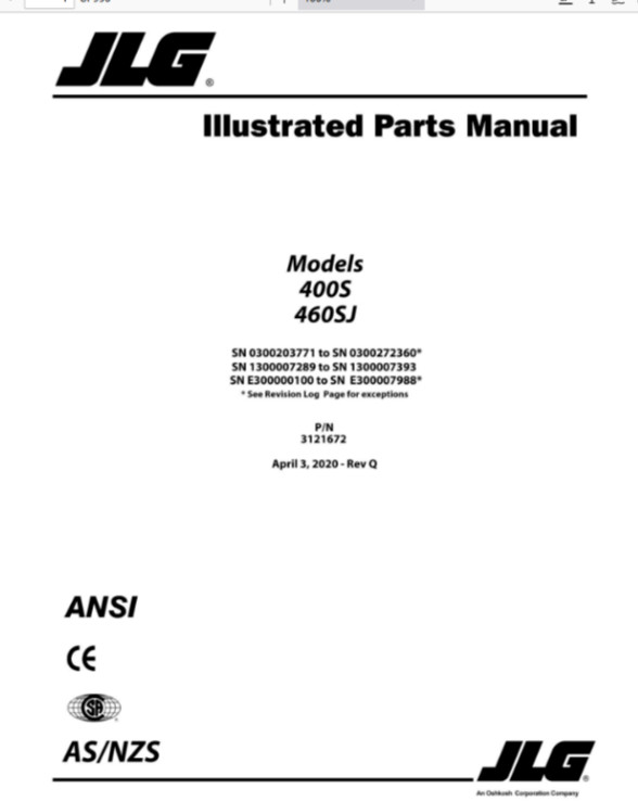 JLG 400S 460SJ Boom Lifts Service Repair Operators Manual Parts Catalog PDF USB