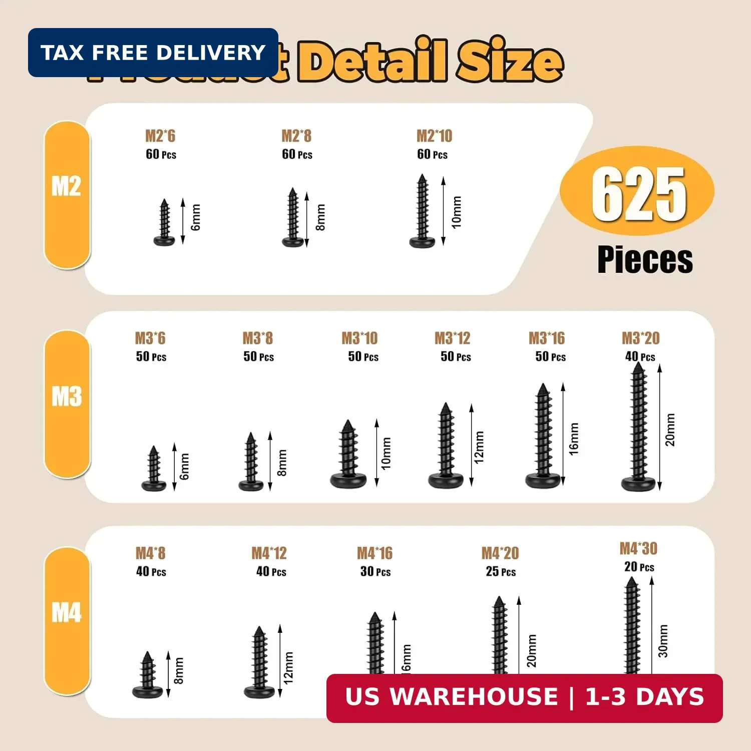 625 Pcs 14 Size Small Self Tapping Screws for Plastic and Metal, M2,M3,M4 Philli