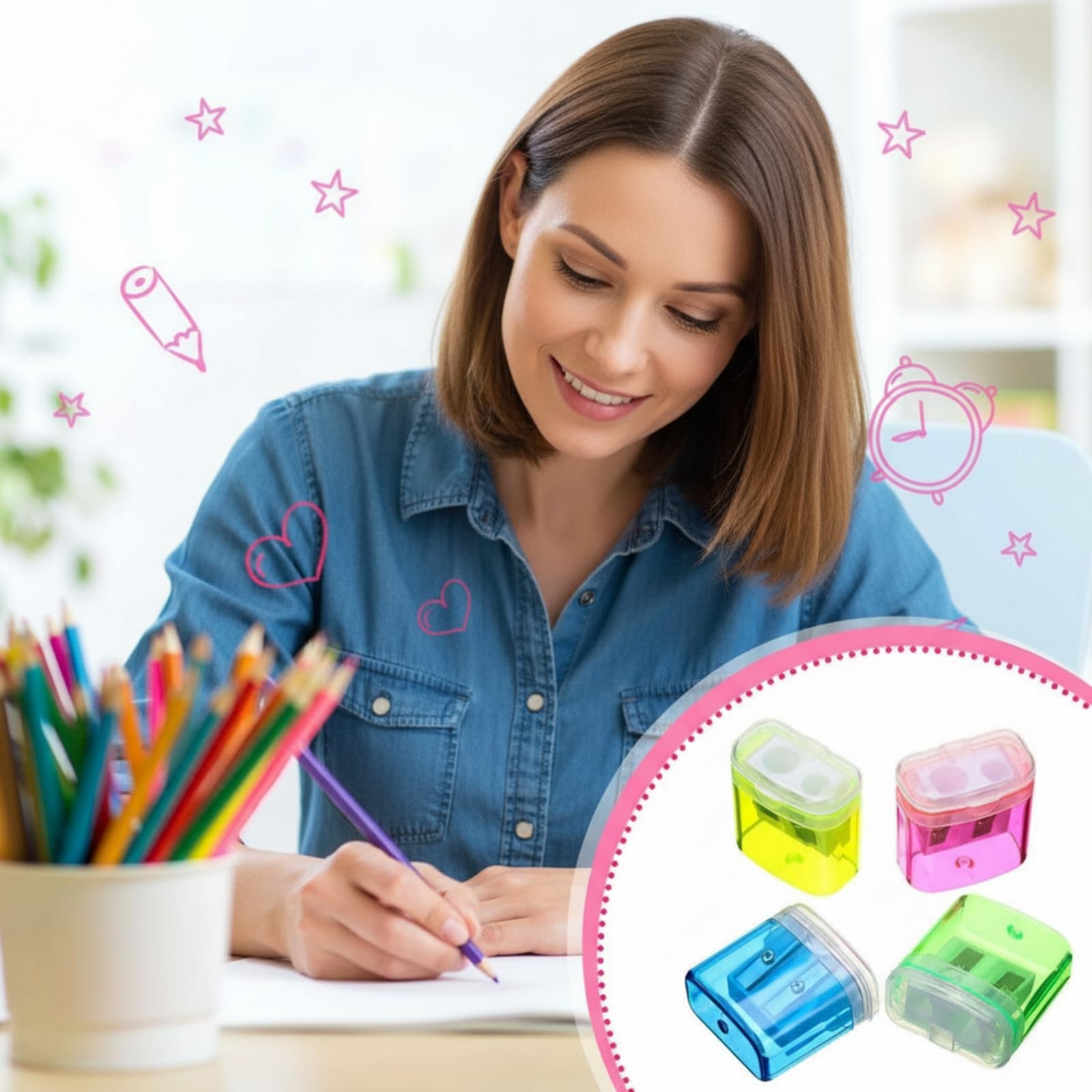 180 PCS Manual Pencil Sharpeners Bulk Handheld Dual Hole With Lid Colorful