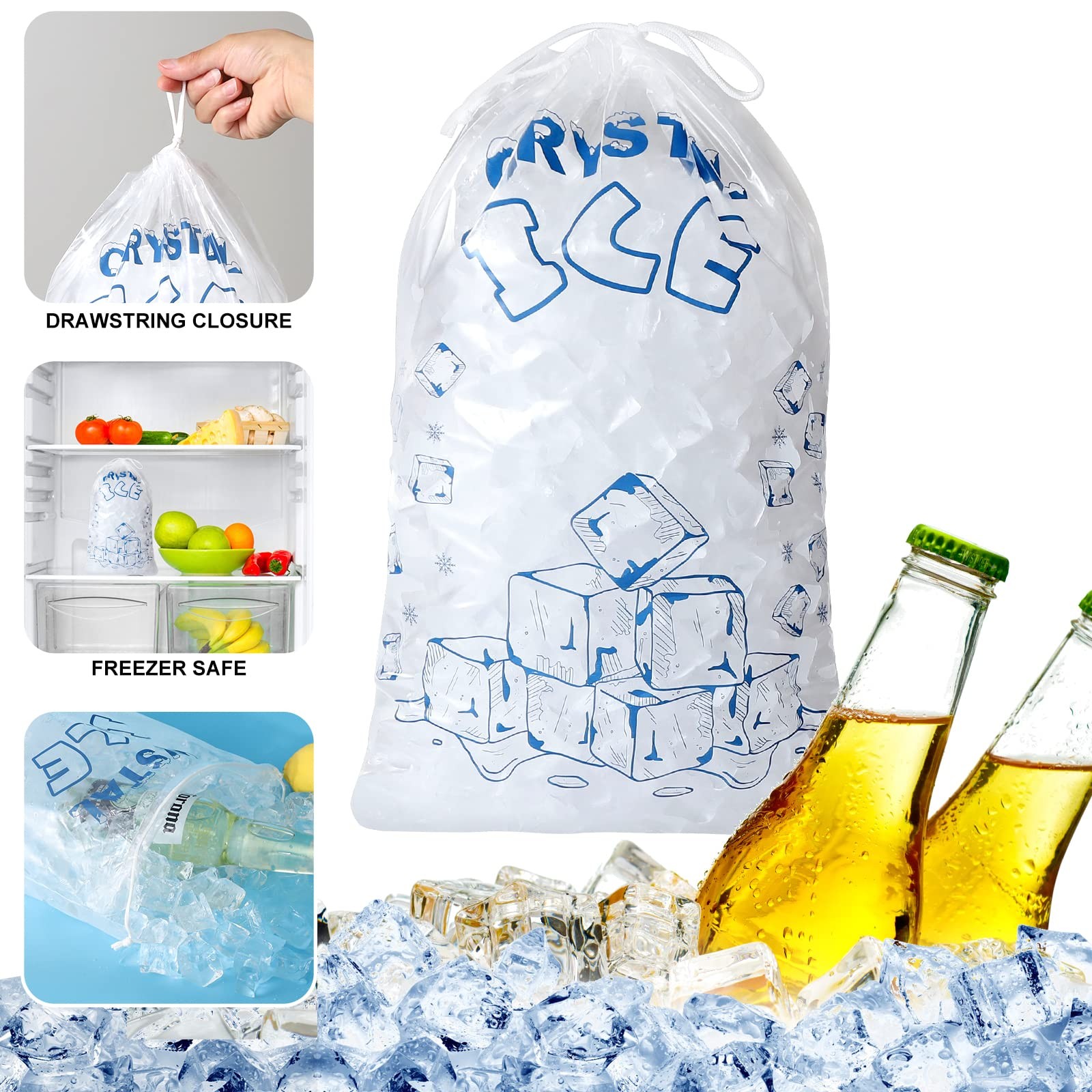 ice bags 8 lb drawstring, 50 count ice bags ice machine, heavy-duty reusable ice