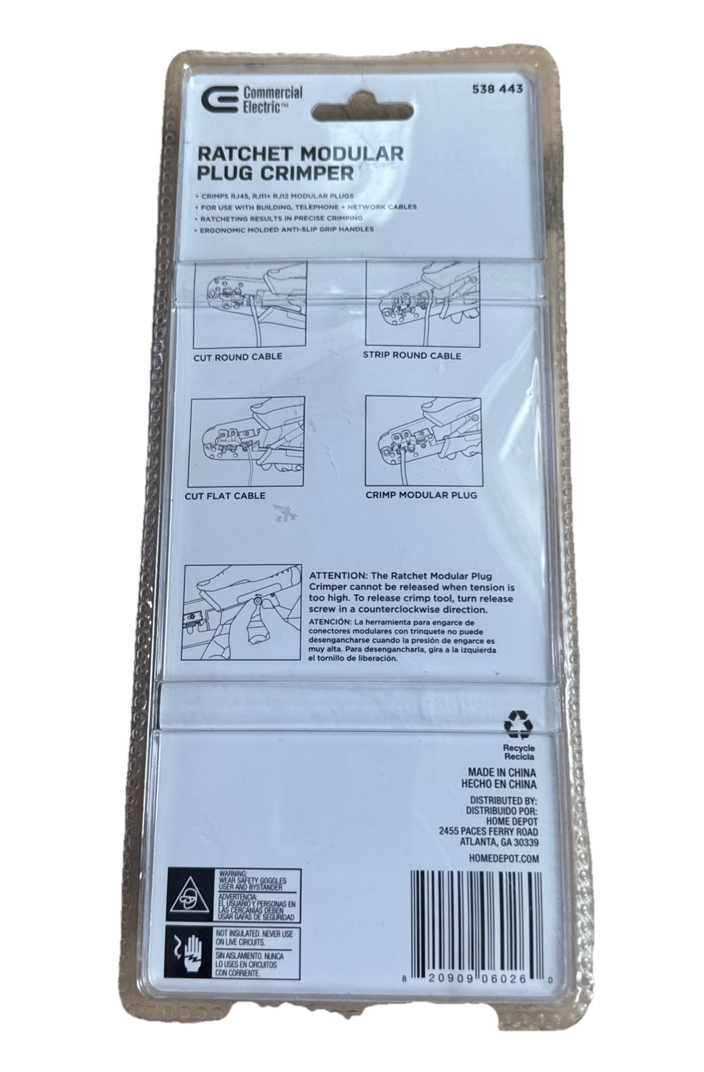Ratcheting Modular Plug Crimper RJ-45 RJ-11 RJ-12 538443 Commercial Electric New