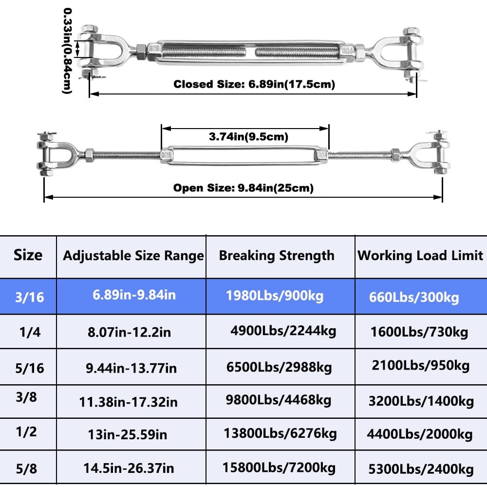 Turnbuckle 3/16 M5 304 Stainless Steel 660 Lbs Jaw Cable Wire Tension 3 PCS