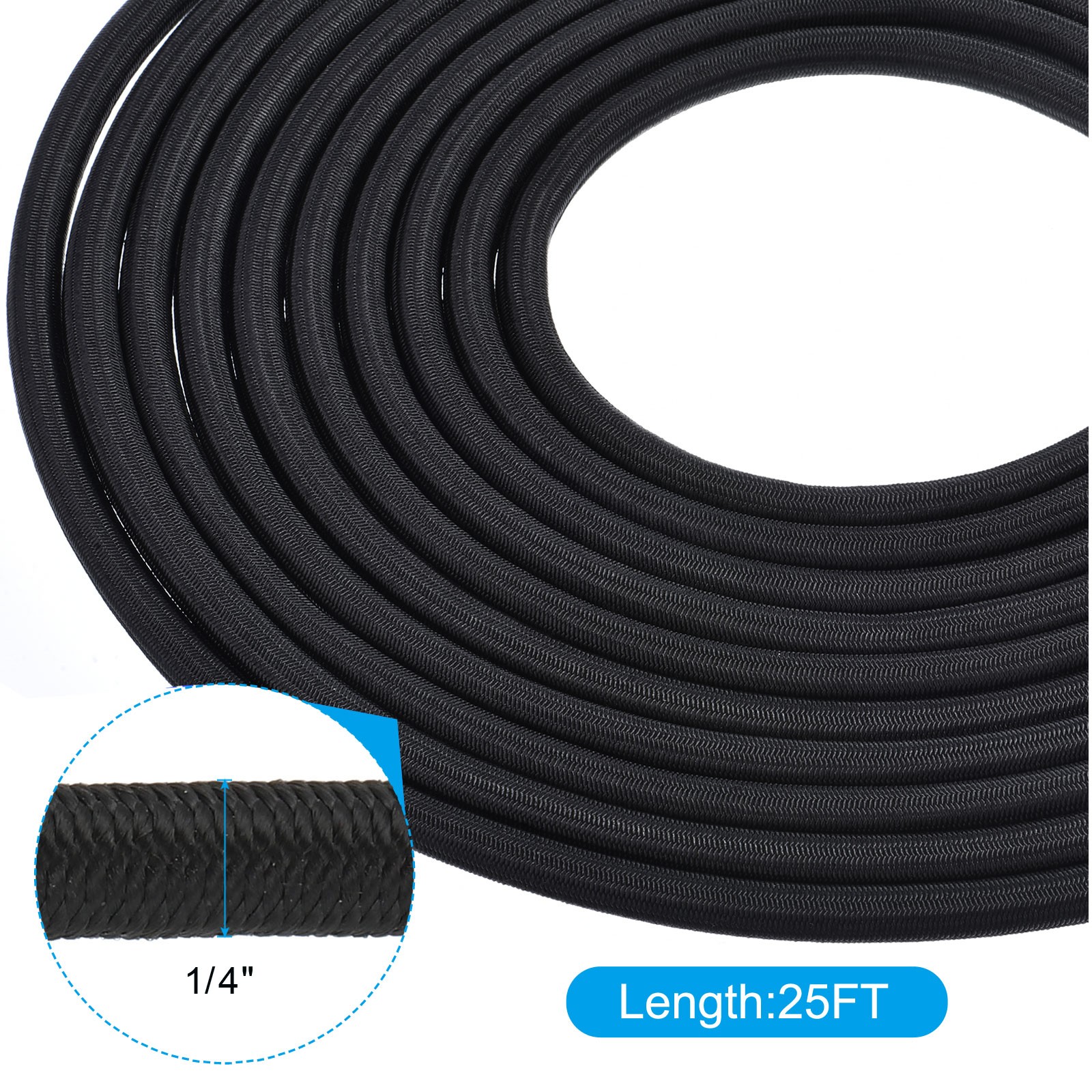 1/4″x25ft Elastic Polyester Marine Grade Bungee Cord for Kayak Black