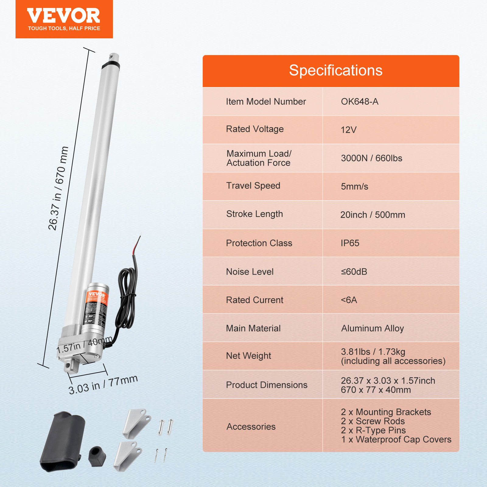 VEVOR Linear Actuator 12V 20 Inch IP65 Waterproof Actuator 660lbs/3000N 0.19″/s