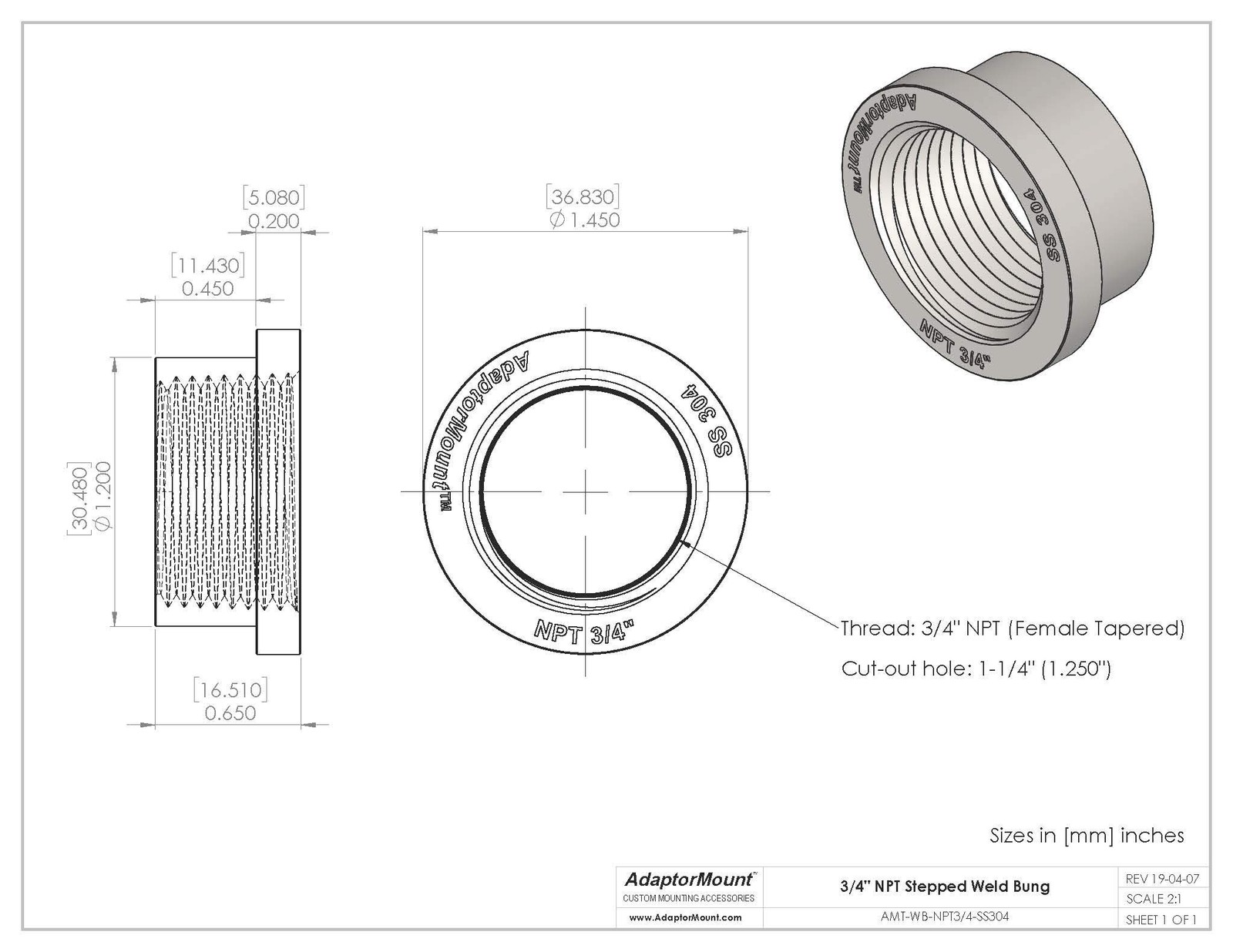 3/4” NPT Female Weld Bung – 304 Stainless Steel Stepped 3/4″, Clear