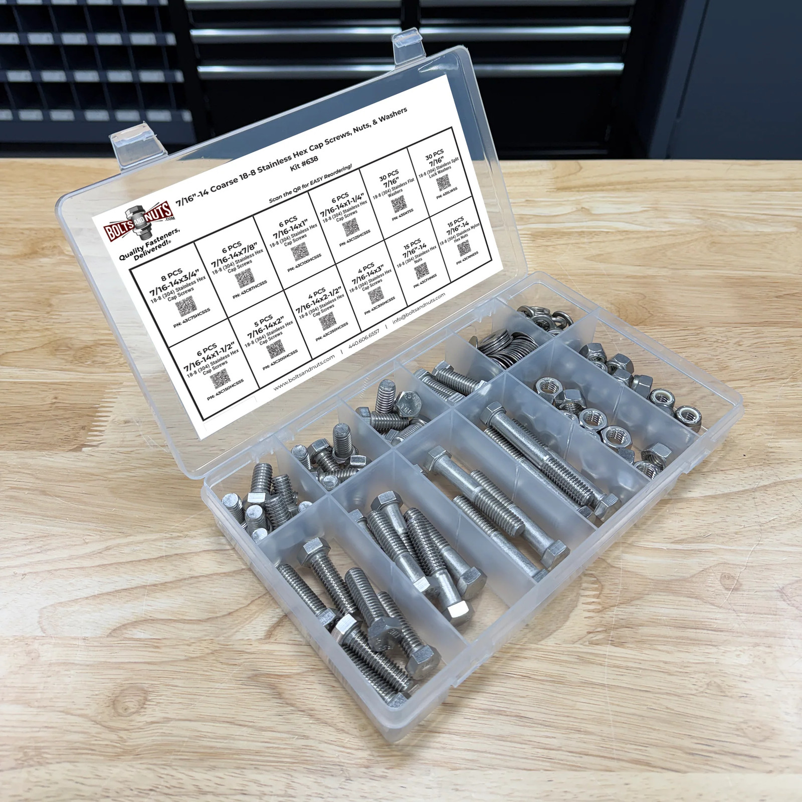 Assortment Kit #638 (136Pcs.) 7/16″-14, 18-8 (304) Stainless Steel Hex Cap