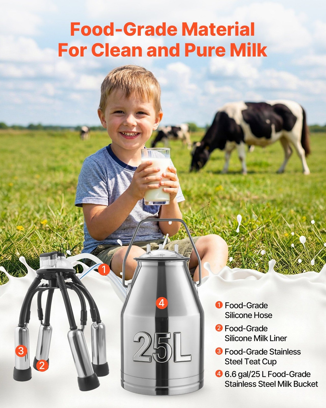 304 Stainless Cow Milker: 25L Bucket, 45-50kPa Vacuum, Pulsation, Wheels
