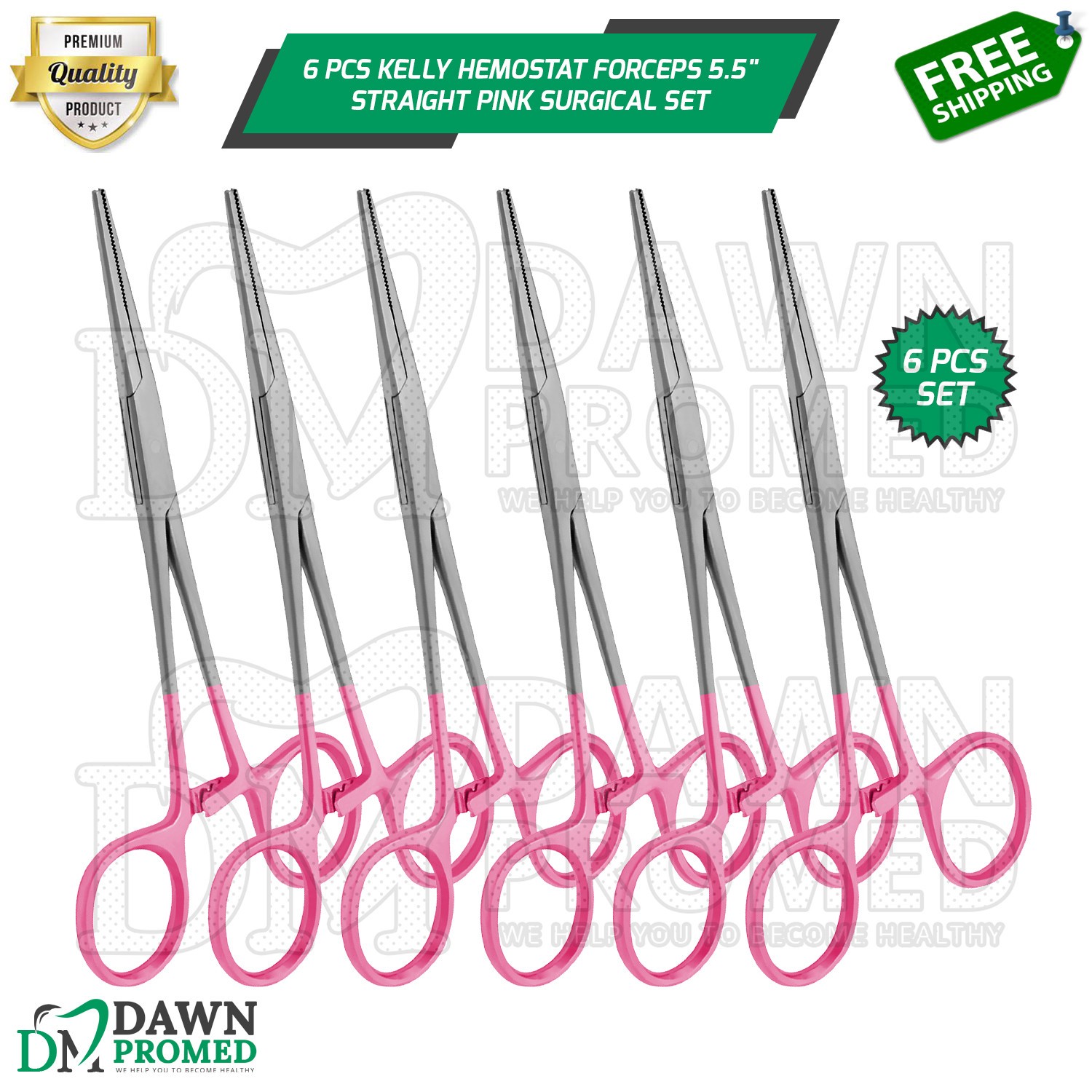 6 Pcs Kelly Hemostat Forceps 5.5″ Straight Pink Surgical Instruments Set