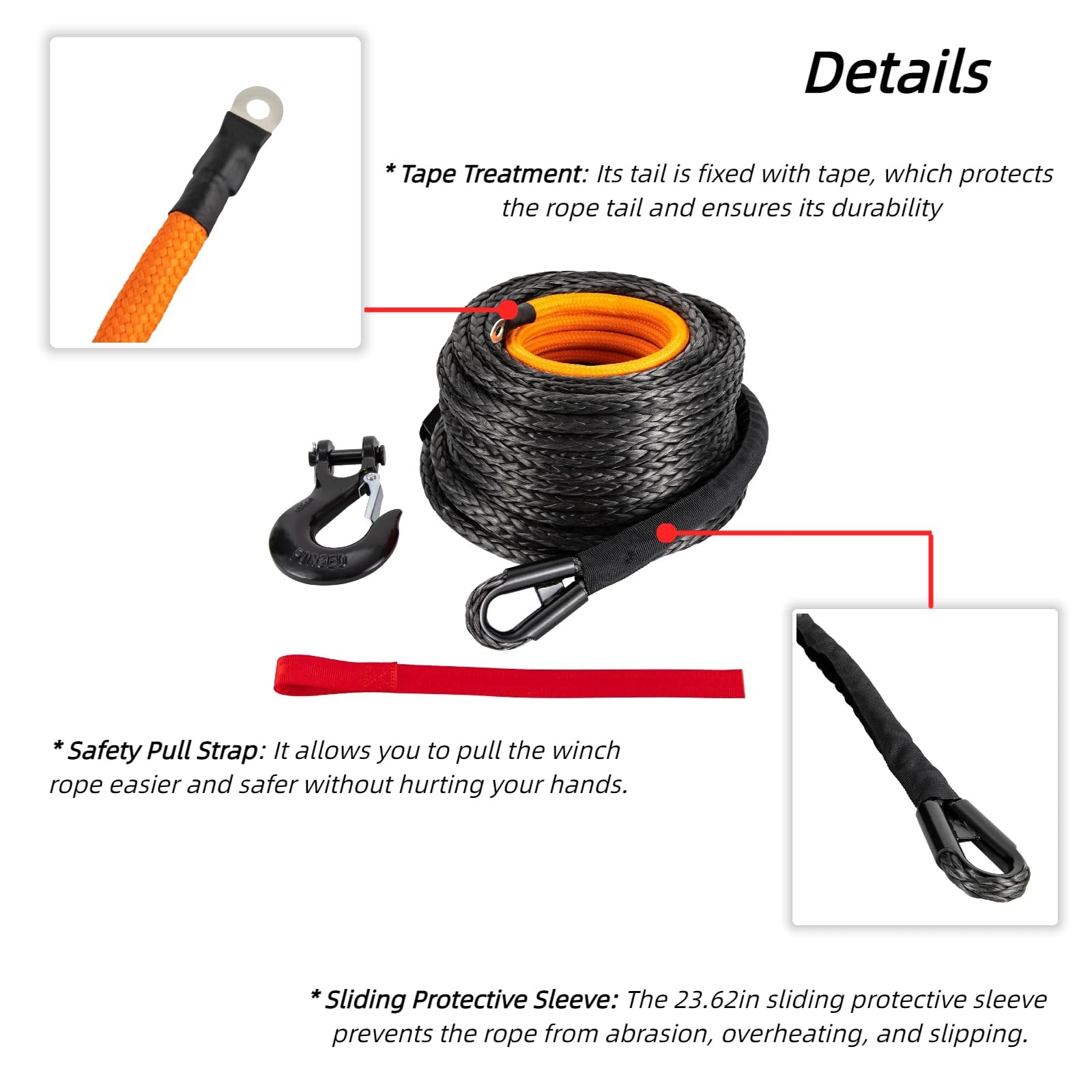 Synthetic Winch Rope 1/2″ x 92ft 31500lbs Dyneema Sleeve Hook Truck ATV SUV