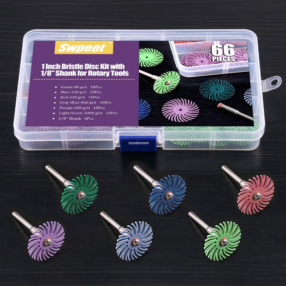 66Pcs 1 Inch 6 Mixed Grit 80/120/220/400/600/1000 Radial Bristle Disc Abrasive B