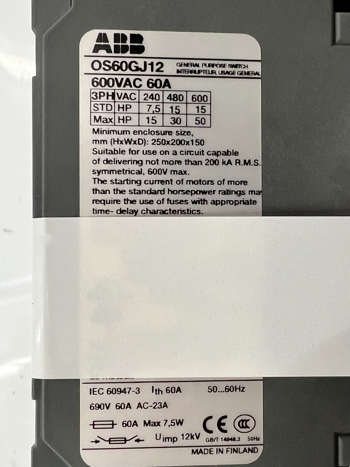 ABB Fusible Disconnect Switch 60AMP 600V DIN Rail Mount Class J Fuse OS60GJ12