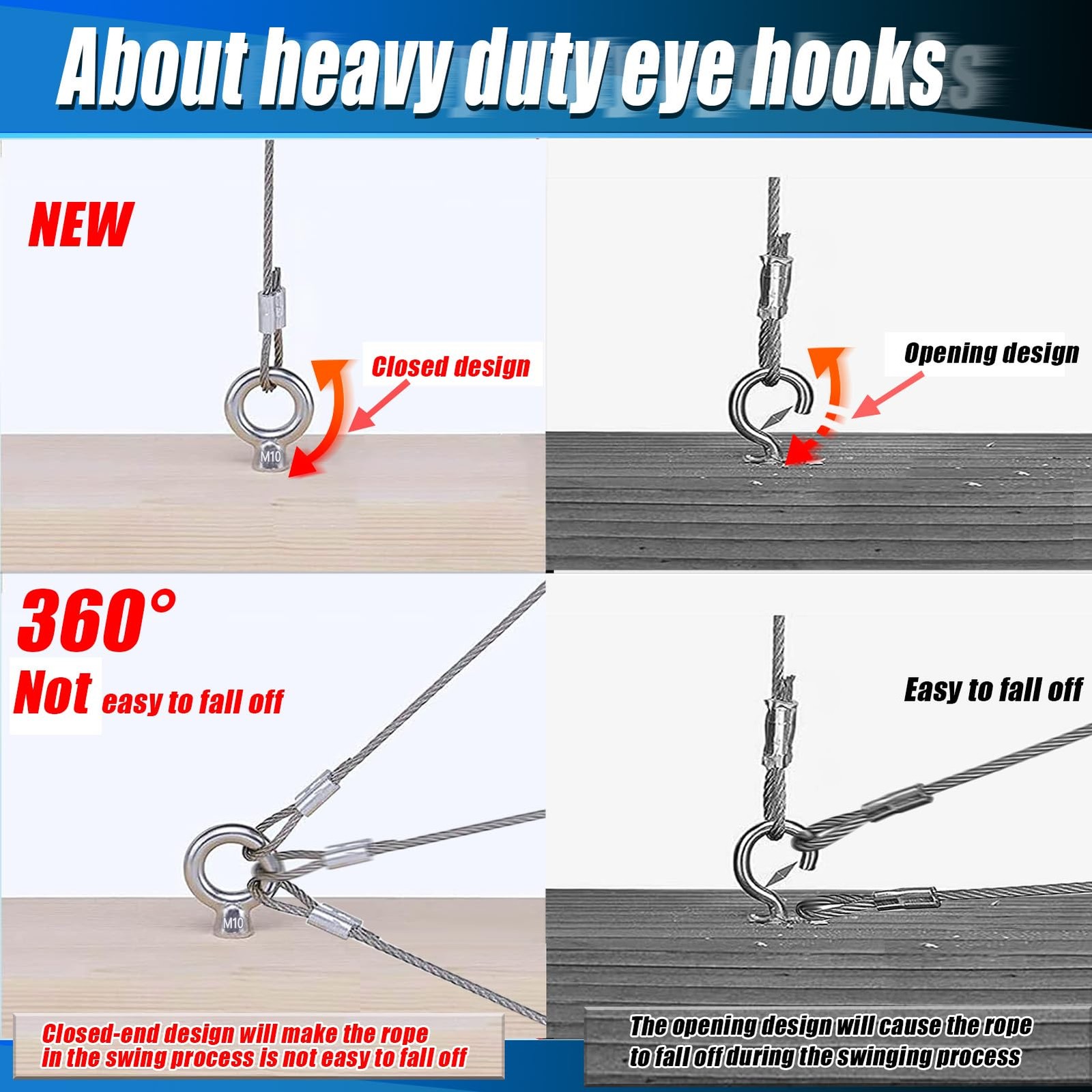 4 Pack 5.5 Inch Heavy Duty Eye Hooks M10 Self Tapping Eyelet Screw 1000LBS Load