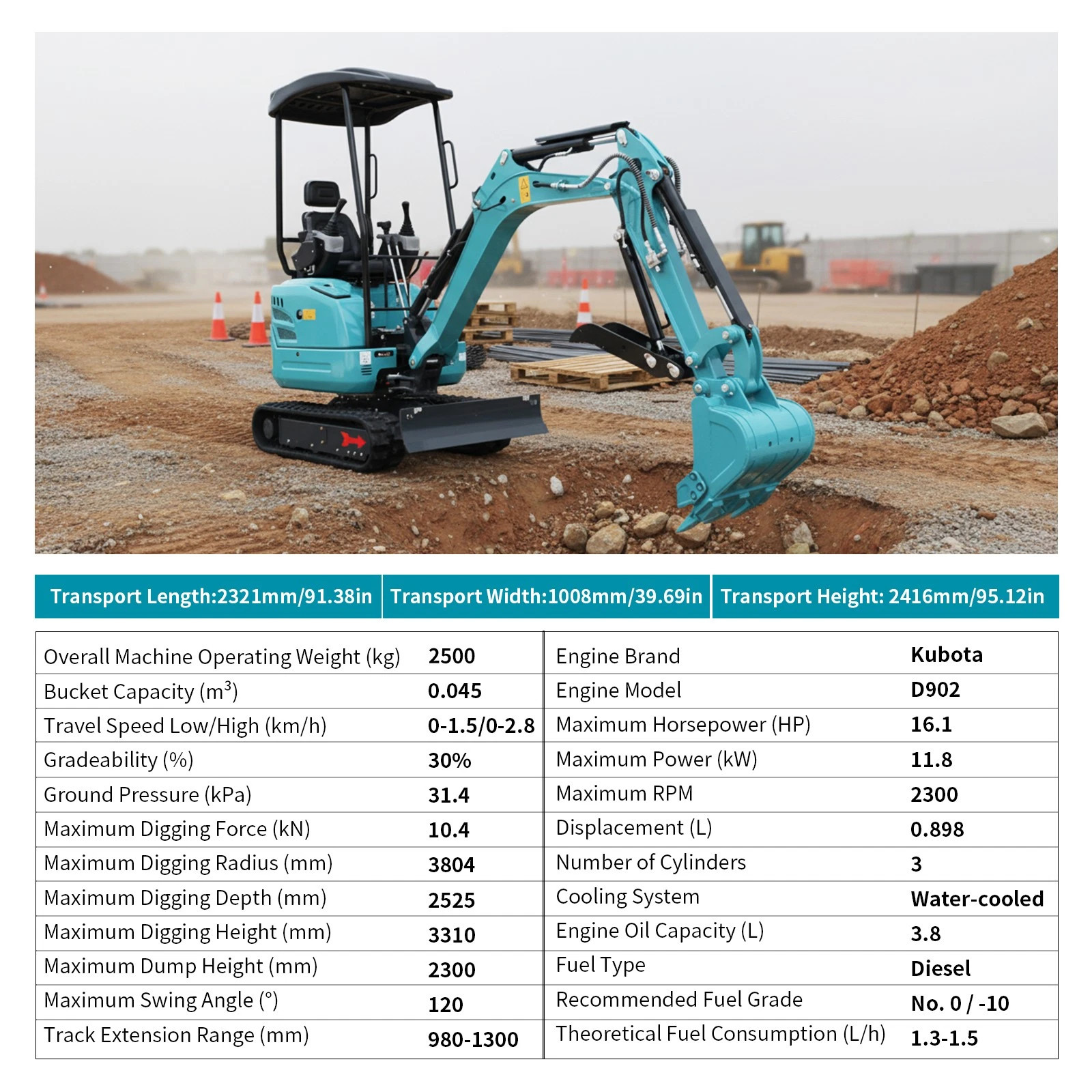 2.5 Ton Mini Excavator Kubota D902 Engine Extendable Track Side Swing Digger EPA
