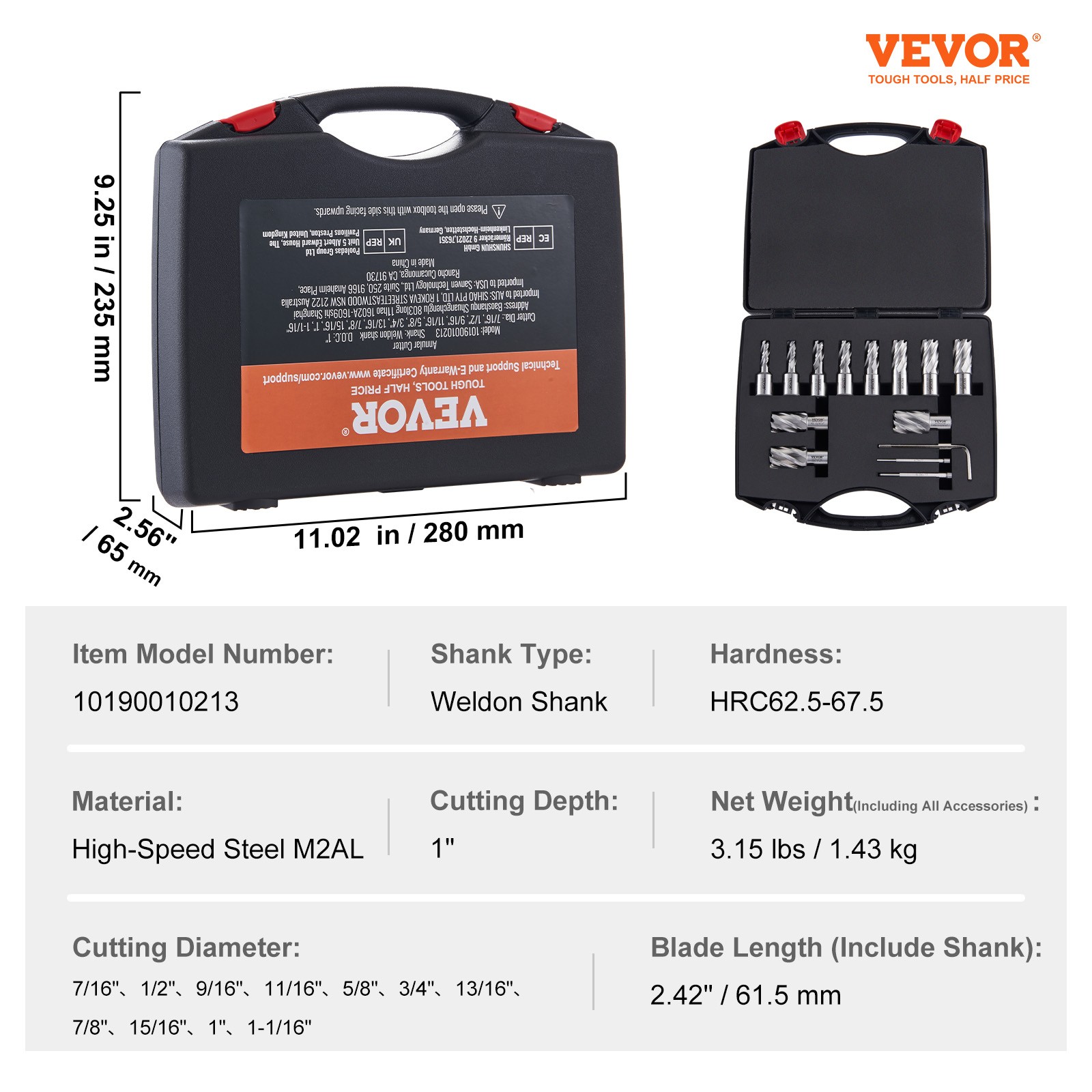VEVOR Annular Cutter Set HSS Magnetic Drill Bits 13 PCS Weldon Shank 1″ Depth