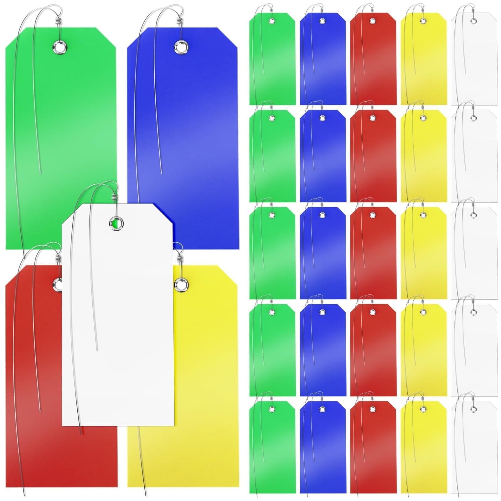 100 Pcs Plastic Tags with Wire 4.72 x 2.36 inch, Red Yellow Blue Green White