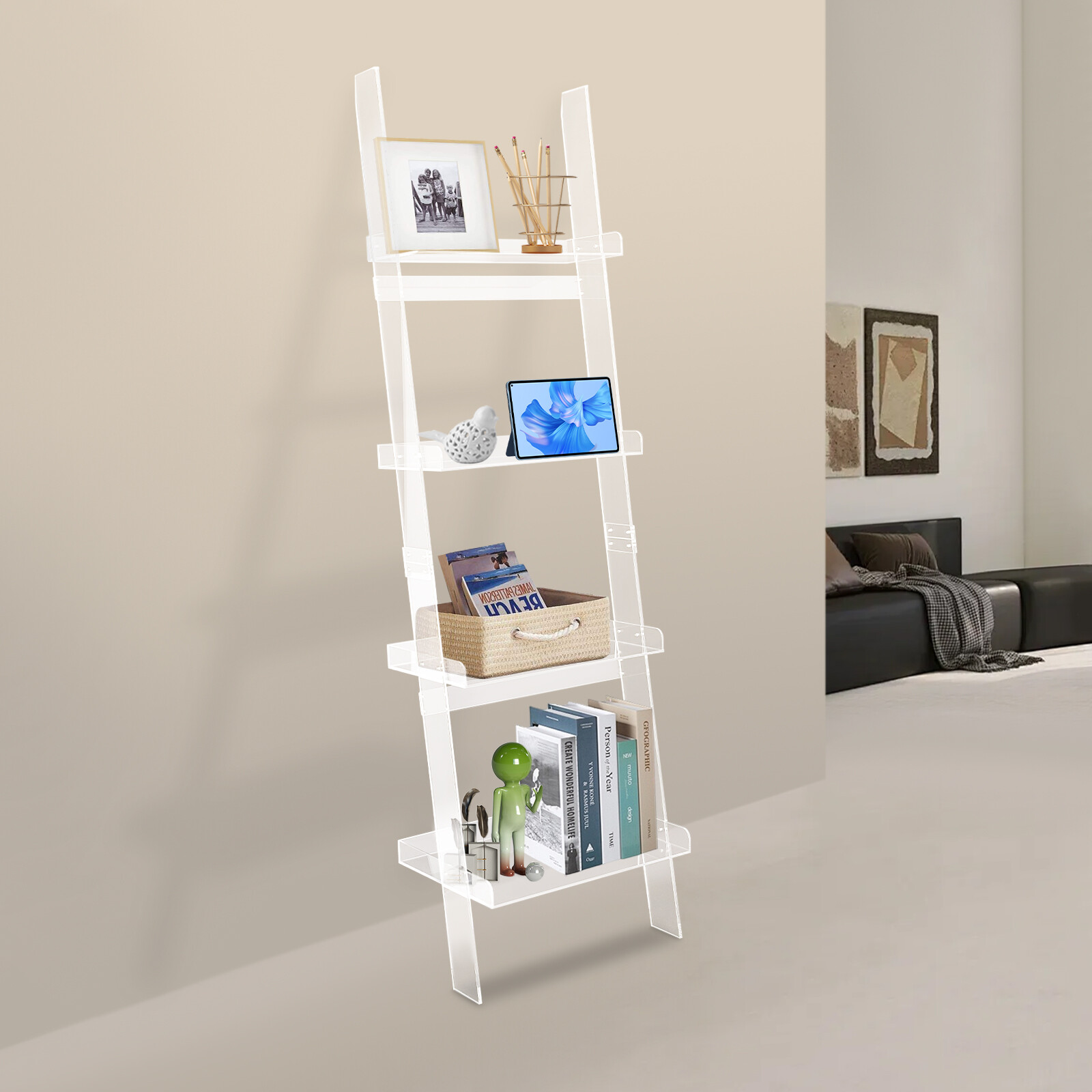 4Tier Acrylic Trapezoid Ladder Bookshelf Leaning Book Display Holder Stand Clear