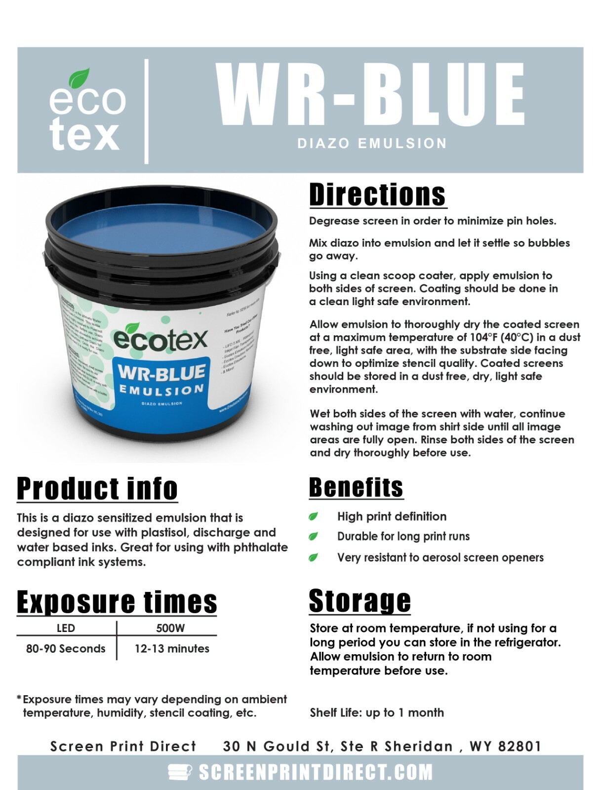 Ecotex® WR-BLUE – Water Resistant Diazo Screen Printing Emulsion – ALL SIZES