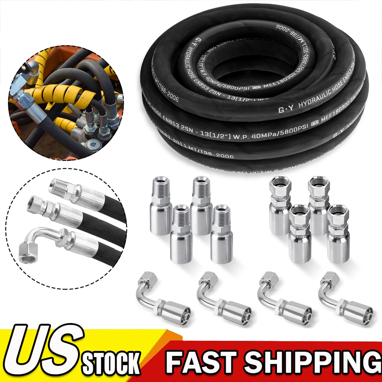 1/2″ 25′ HYDRAULIC HOSE TWO WIRE HOSE FLEXIBLE 40MPa / 5800 PSI WITH 12 FITTINGS