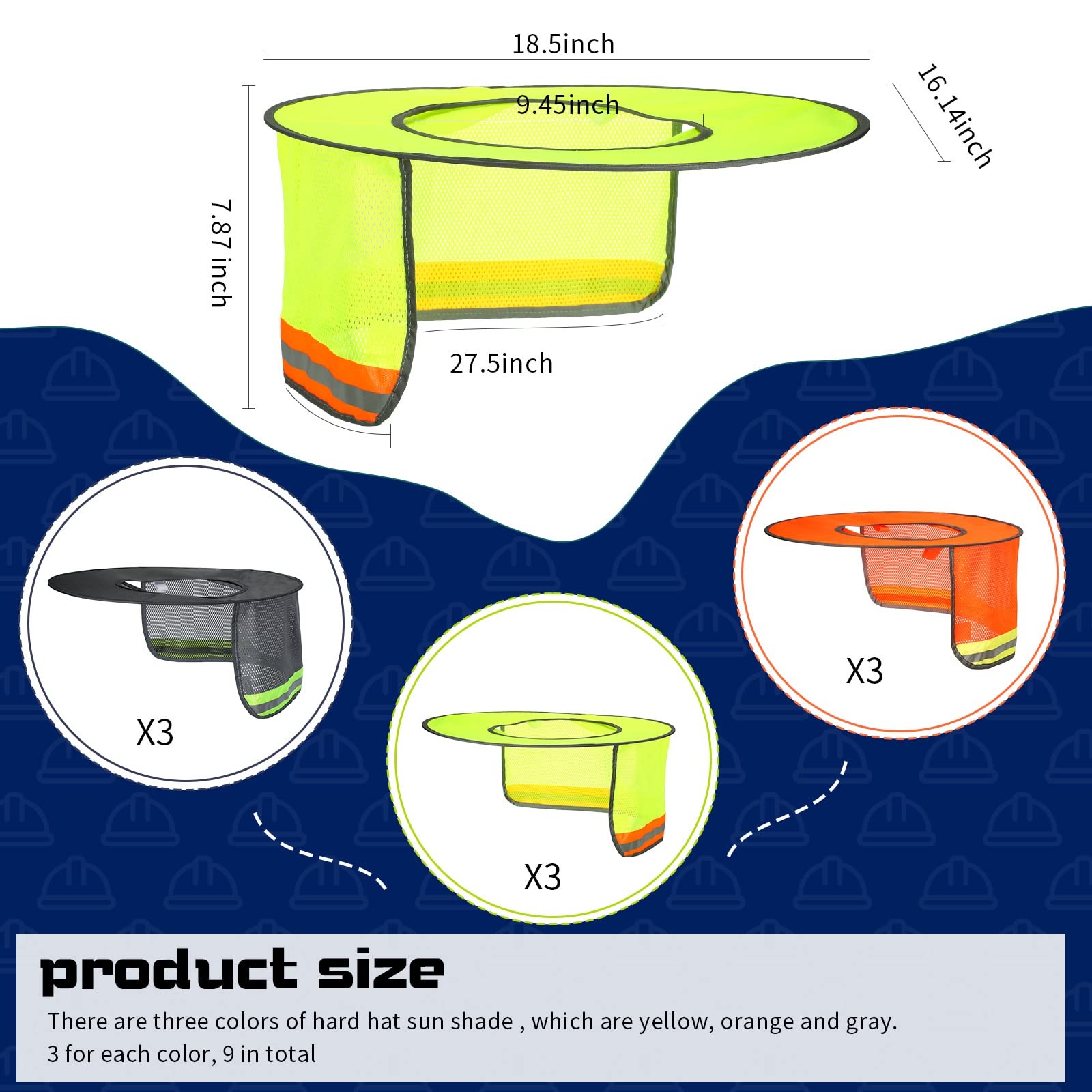 Hard Hat Sun Shade 9 Pieces Full Brim 18.5×16.14×7.87in – High Visibility