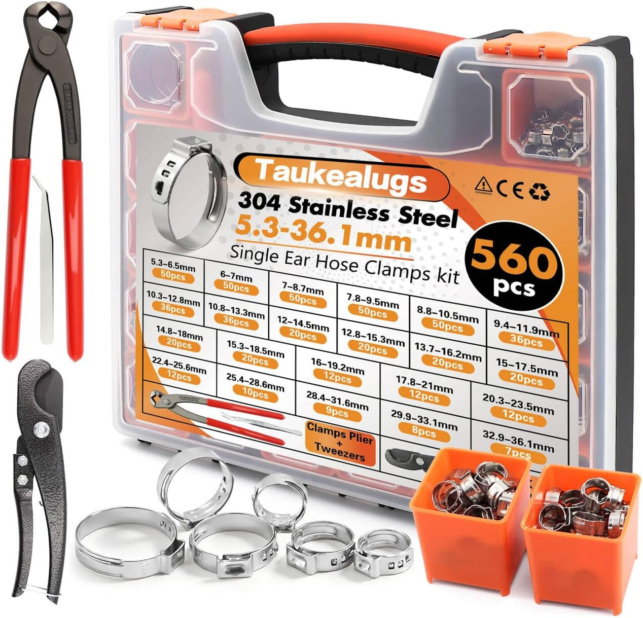 560Pcs Single Ear Hose Clamps Assortment Kit,Stepless 22 Size(5.3-36.1Mm) 304 St