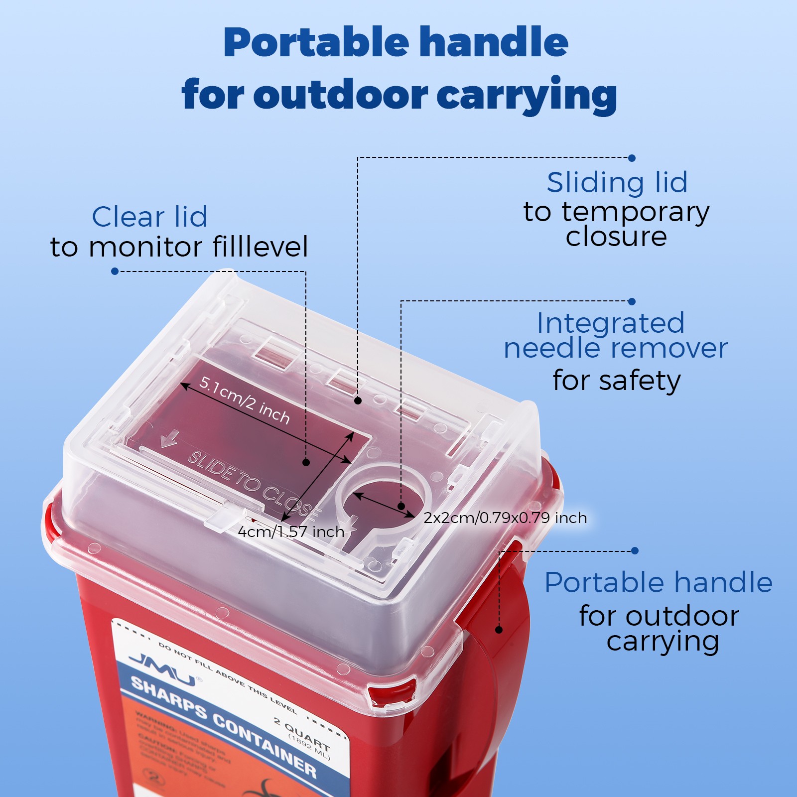 JMU Healthcare Red Base SharpStar Sharps Container 2 Quart Rotor Opening Lid