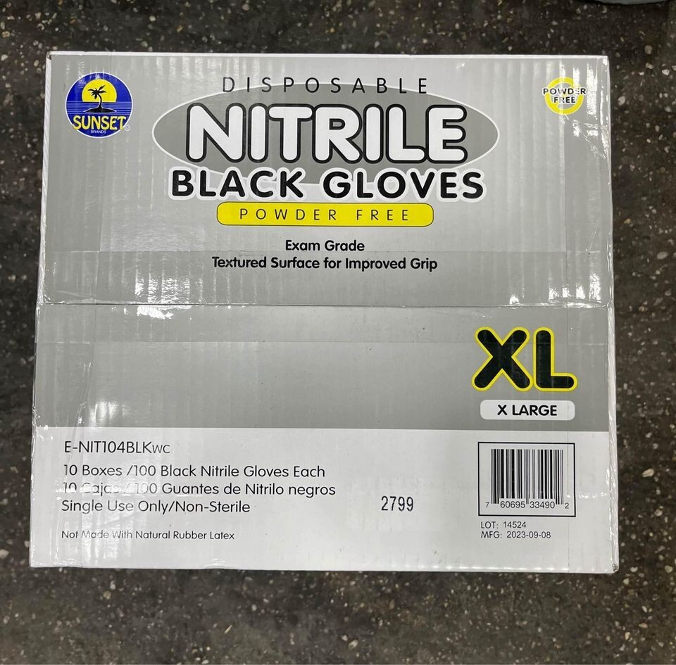 SUNSET DISPOSABLE NITRILE BLACK GLOVES BOX OF 1,000 EXAM GRADE POWDER FREE XL