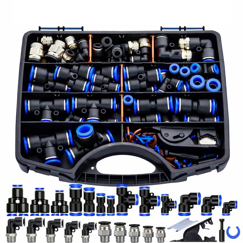 ZTF 124pcs Air Line Quick Connect Fittings -1/8 1/4 3/8 1/2″ Push to Connect Kit