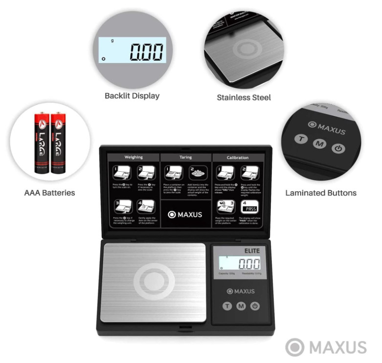 MAXUS Pocket Gram Scale 500g x 0.01g with Tray & Tare Function