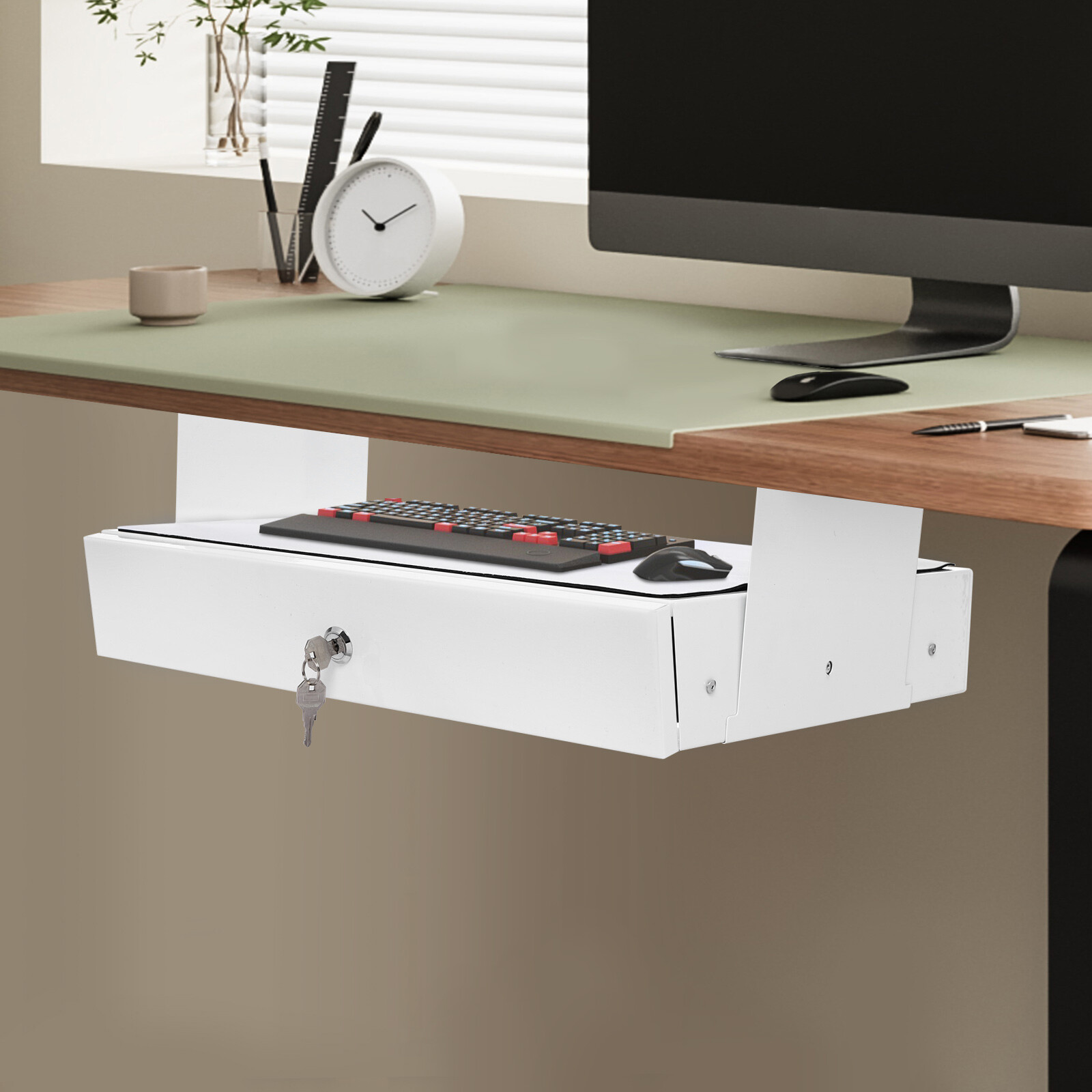 Under Desk Pull-out Drawer Storage Tray with Lock for Desk Organization Office