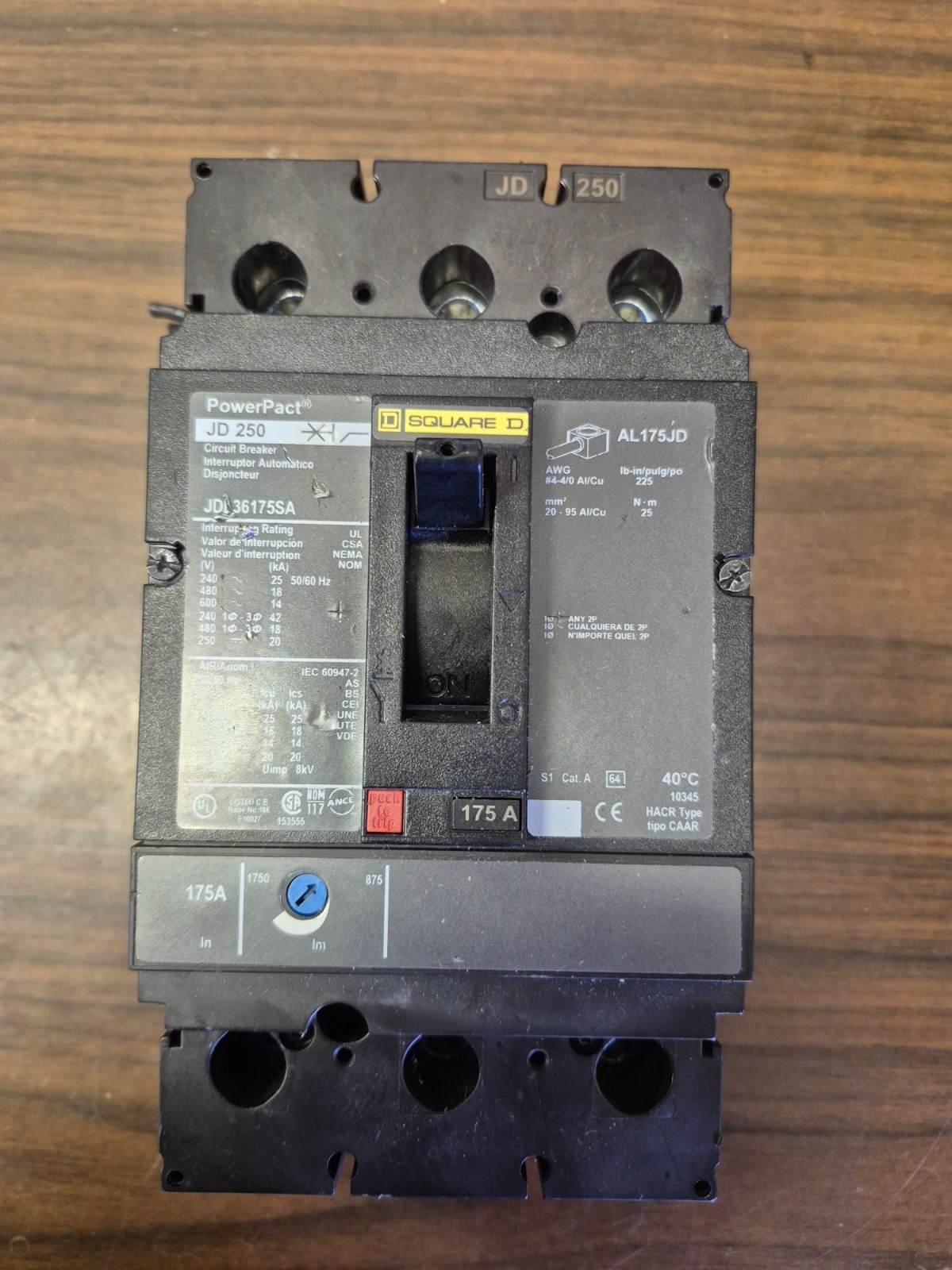 Square D JDA36175SA PowerPact I-Line 175A 600V – JD 250 Circuit Breaker ￼