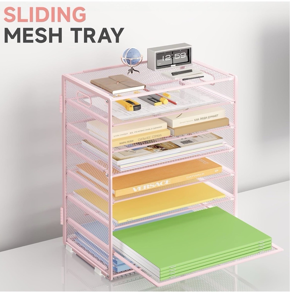 8-Tier Letter Tray Desk Paper Organizer, Mesh File Sorter Tray Organizer – Pink