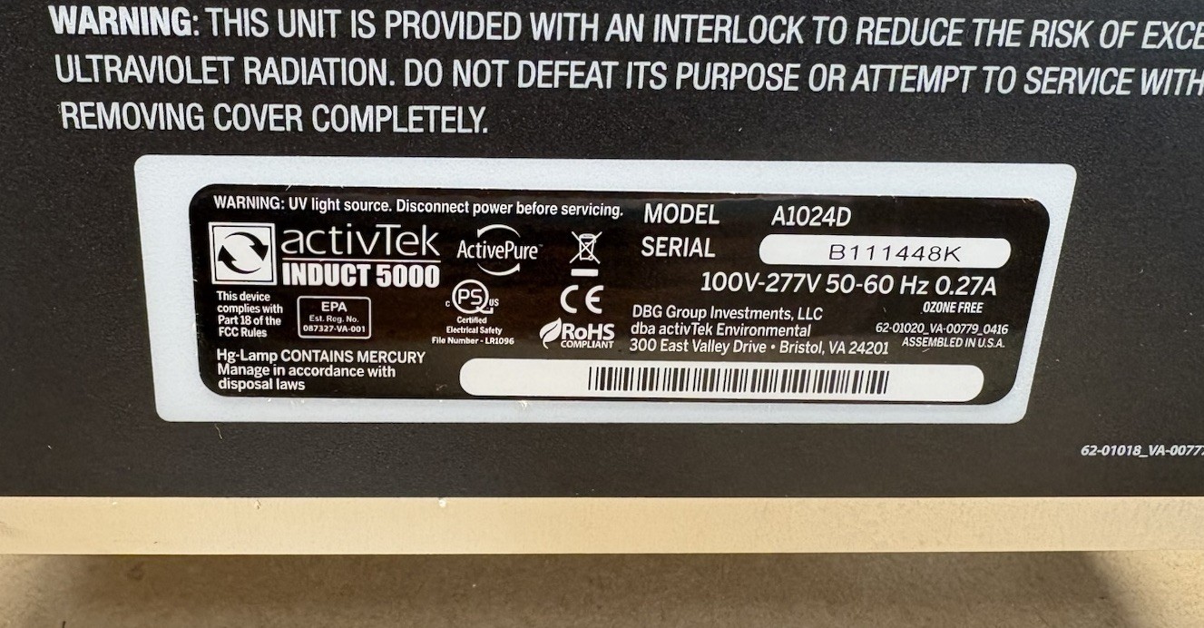 ActivTek A1024D Induct 5000 HVAC Environmental Conditioning Systems US40664B