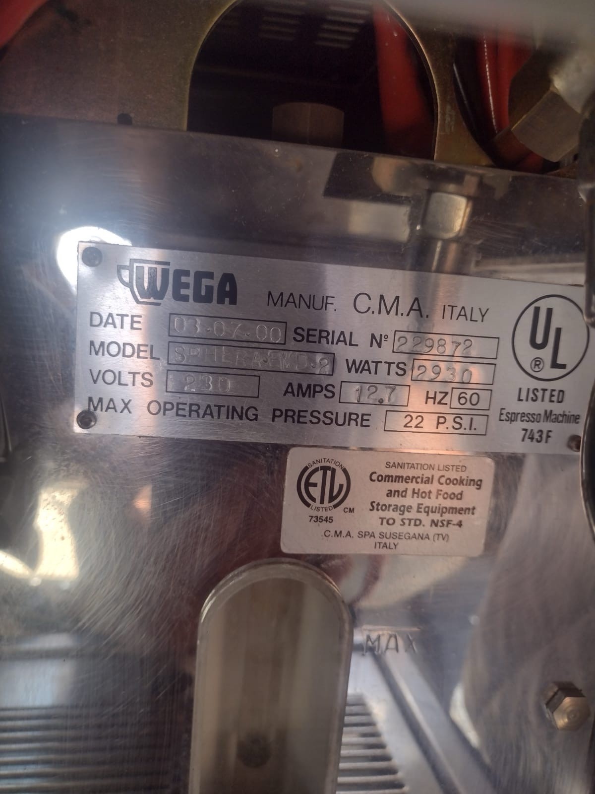 WEGA SPHERA 2GR Semi-Auto 2 Group Espresso Machine Direct Connect Steam Wand