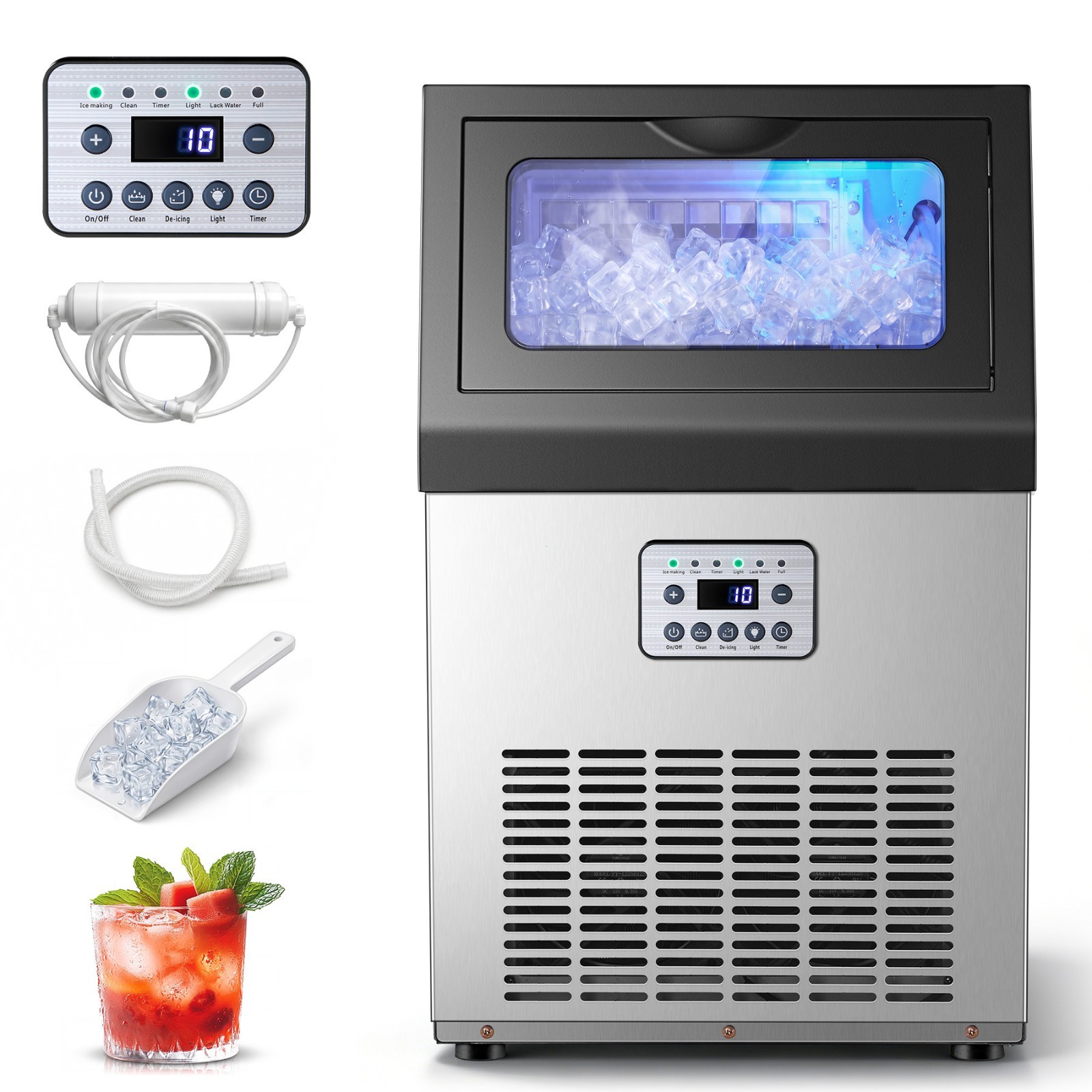 Zomagas 80lbs/24H Commercial Ice Maker Self Cleaning LED Display Blue Light