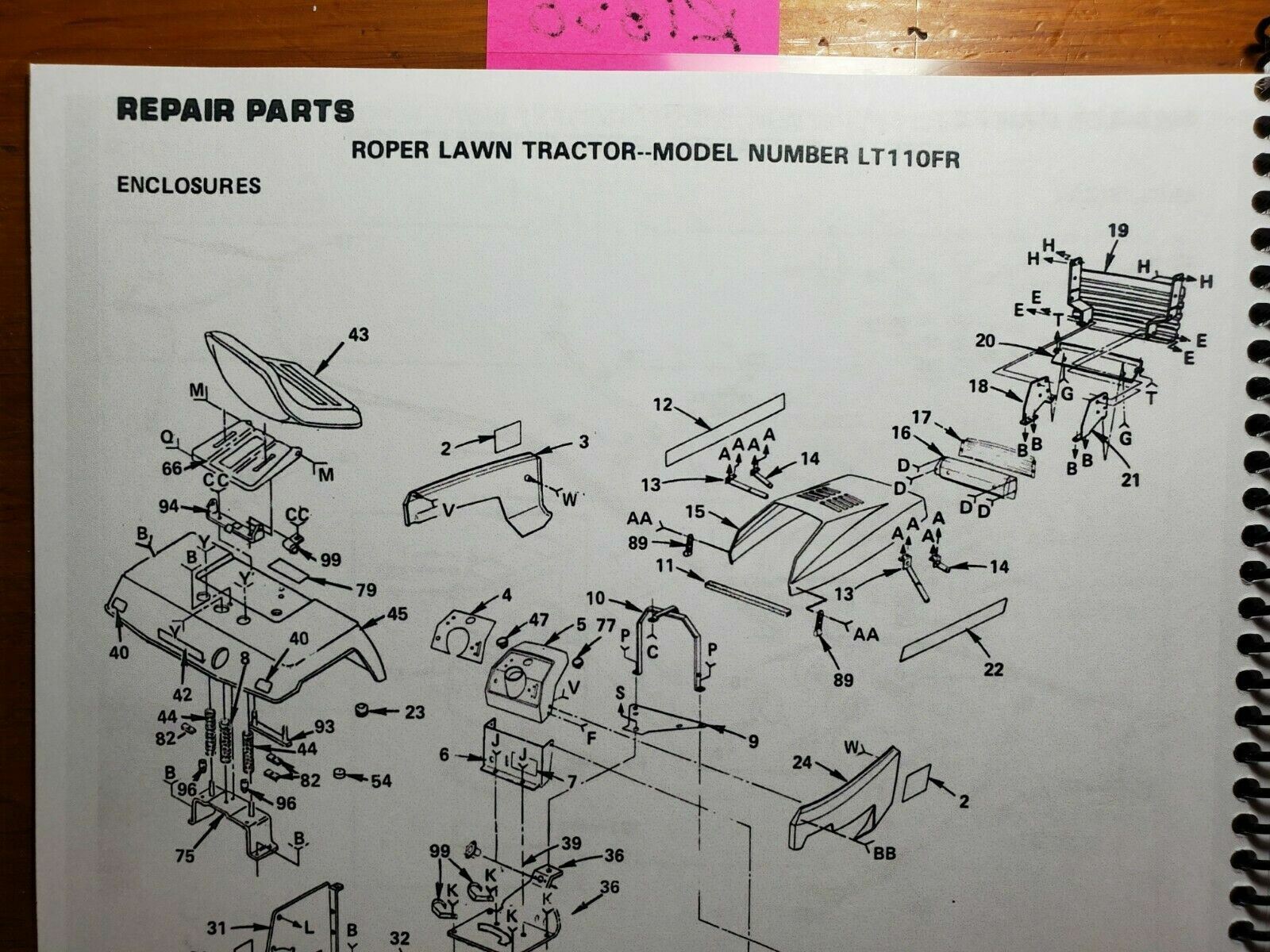 Roper LT110FR LT110 11 HP Lawn Tractor 38″ Mower Owner Operator Parts Manual ’87