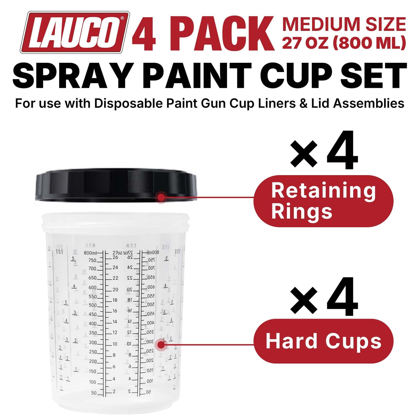 LAUCO 4 Pack Paint Spray Gun Hard Cup Set, 800ML (27 Oz) Reusable Mixing Cups