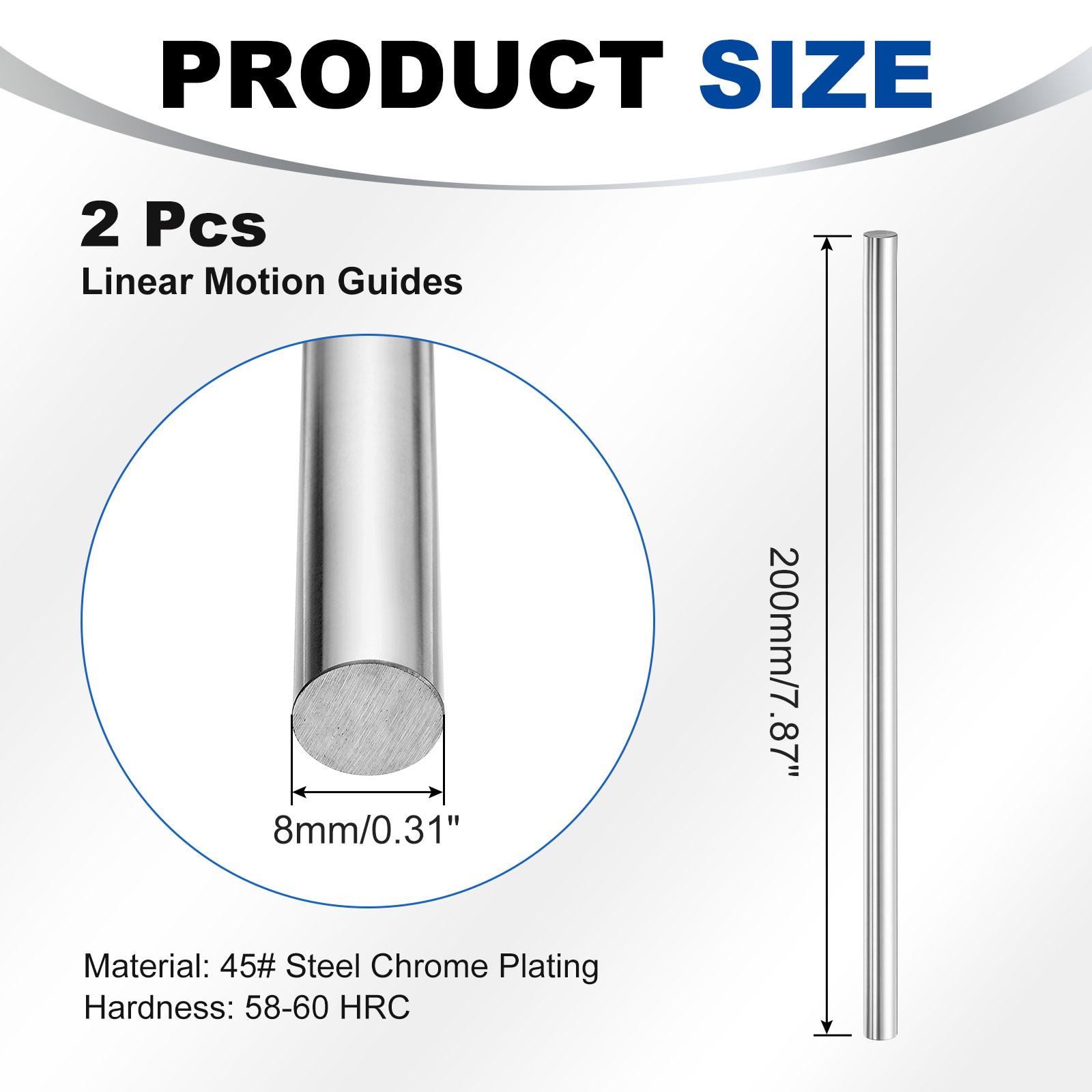 Linear Motion Rods, 2Pcs 8mm x 200mm(0.31″x7.87″) Linear Rail Rod Shaft Guide