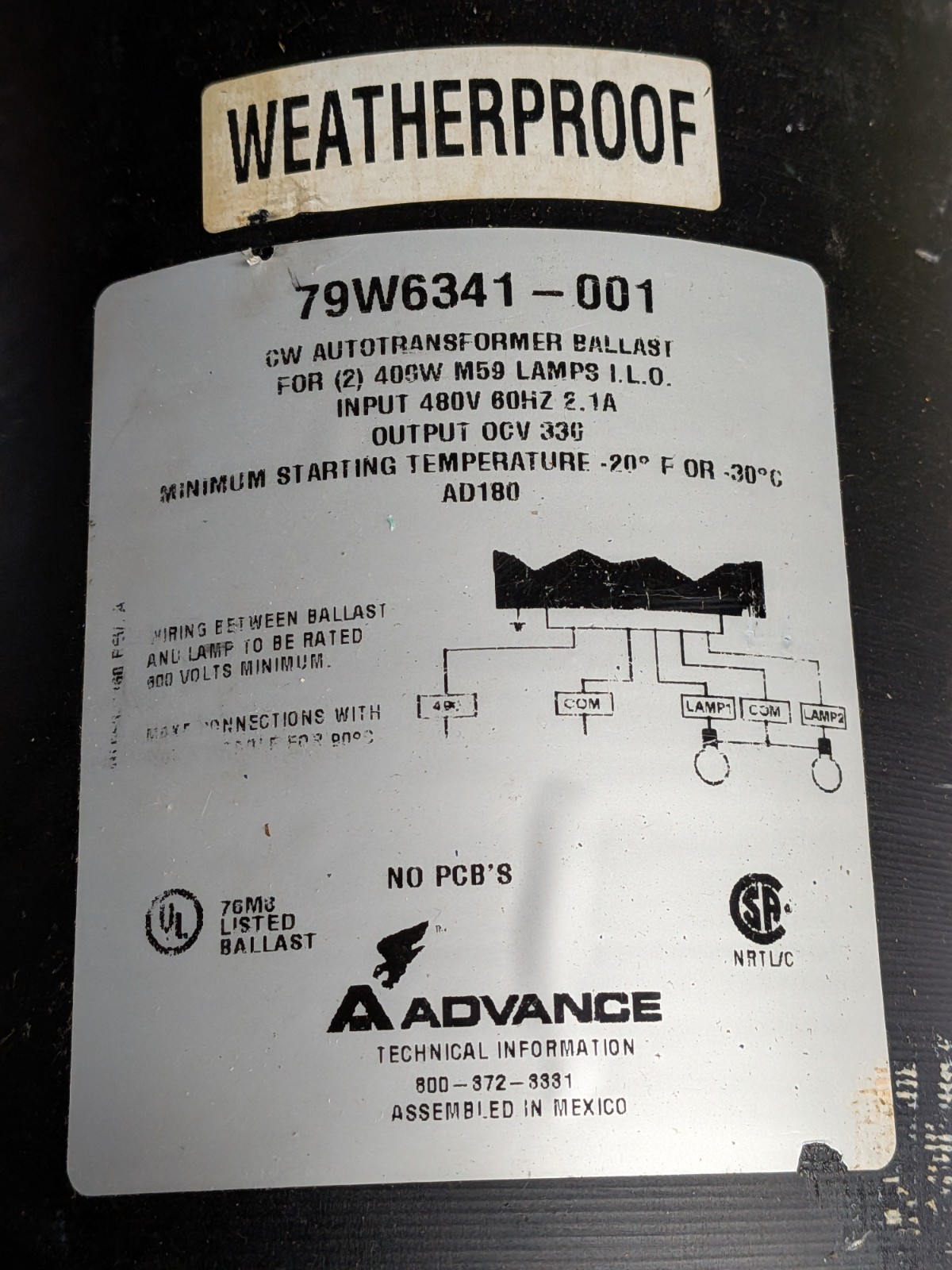 Advance 79W6341-001 400 Watt Metal Halide Water Proof Ballast