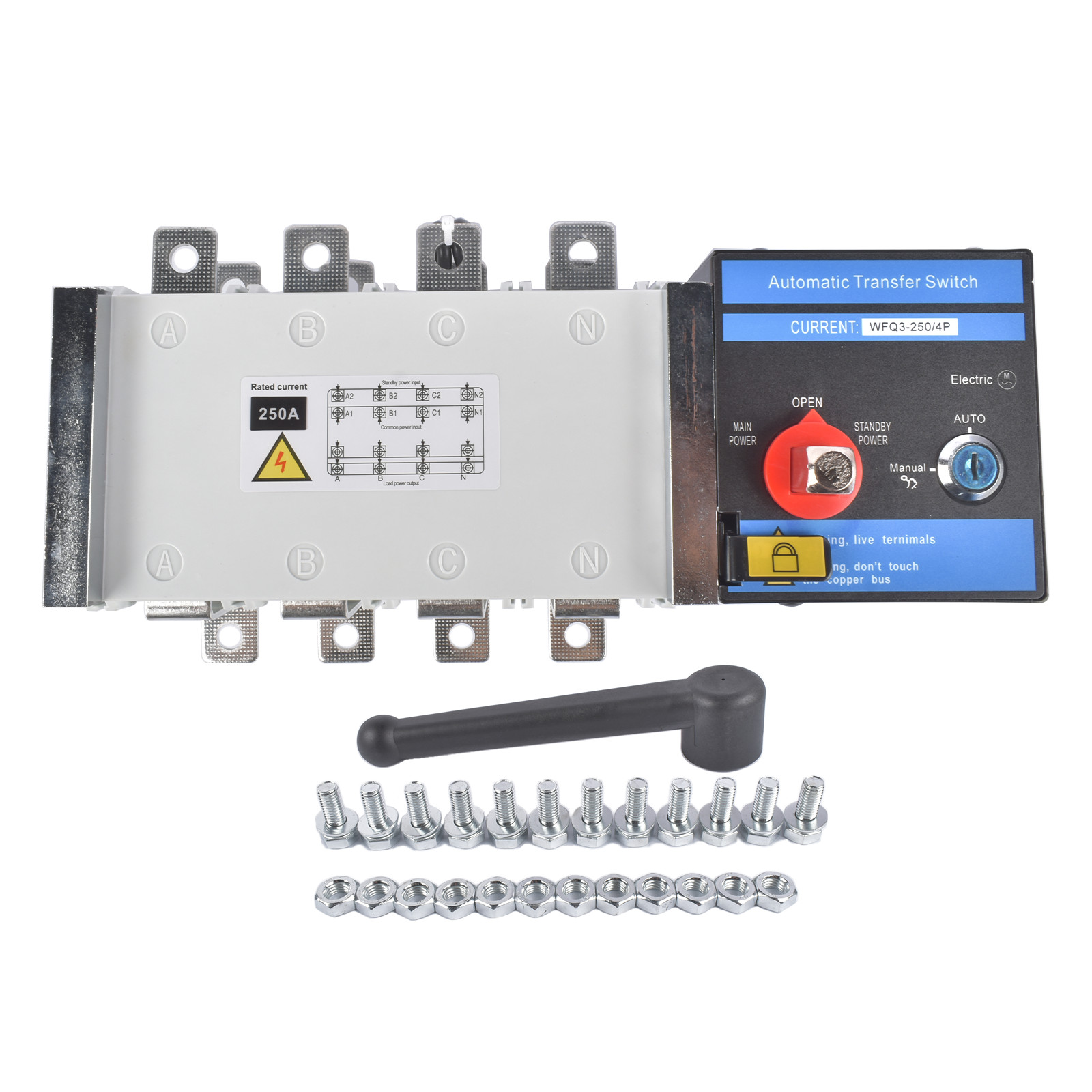 Industrial Automatic Transfer Switch 4P 250A 110V or 220V Auto or Manual Mode