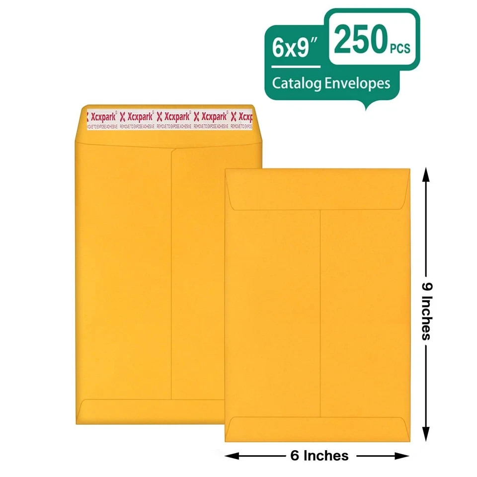 250 PCS 6×9 inches Security Catalog Envelopes Printable Self Seal. golden kraft