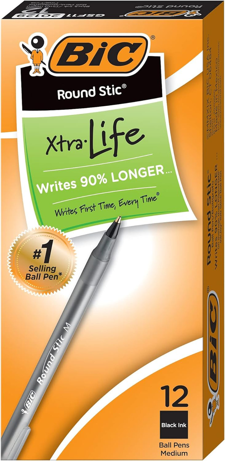 round Stic Xtra Life Ballpoint Pen, Medium Point (1.0Mm), Black, 12-Count