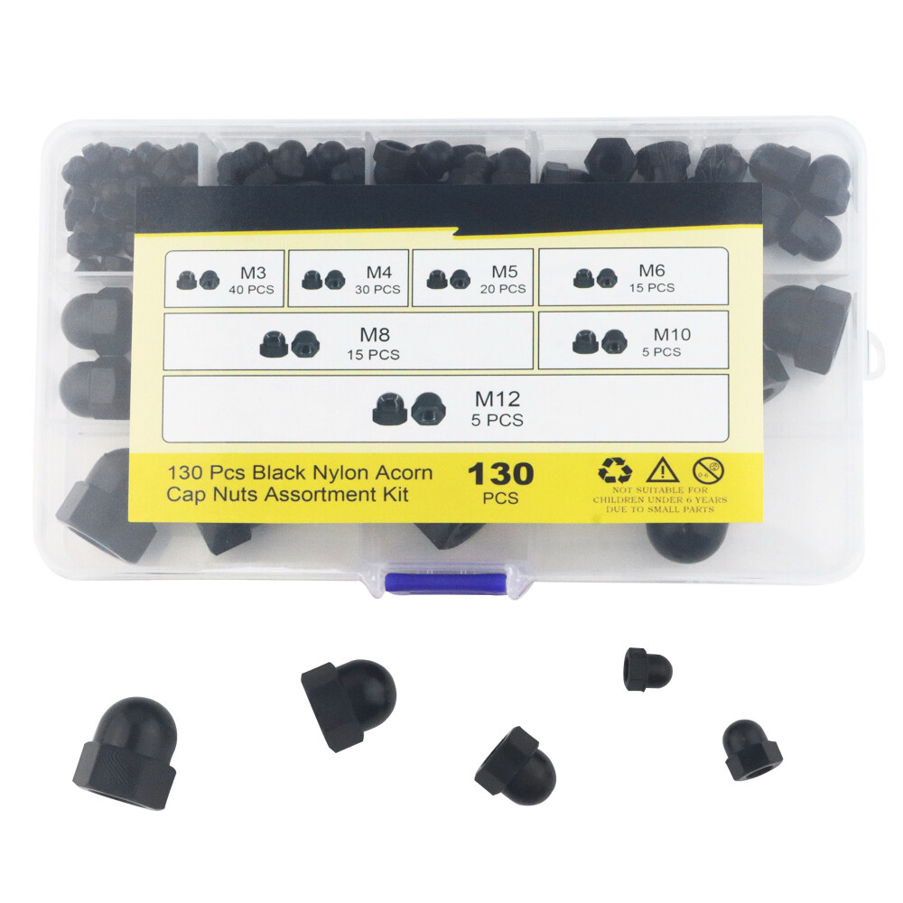 7Sizes 130Pcs Black Nylon Acorn Nut Metric Inner Threaded Cap Nuts Assortment