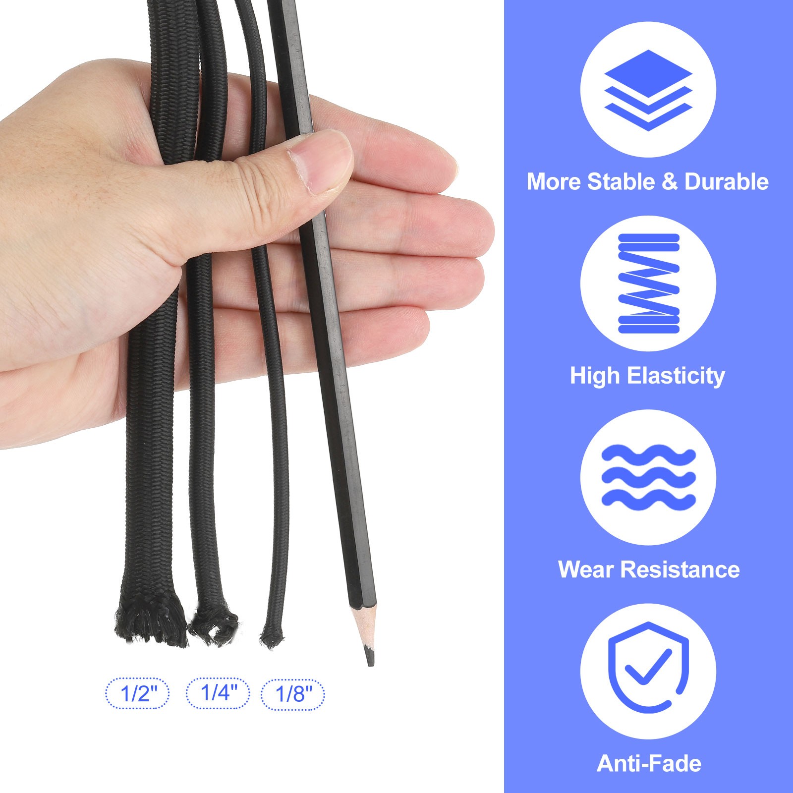 1/4″x25ft Elastic Polyester Marine Grade Bungee Cord for Kayak Black